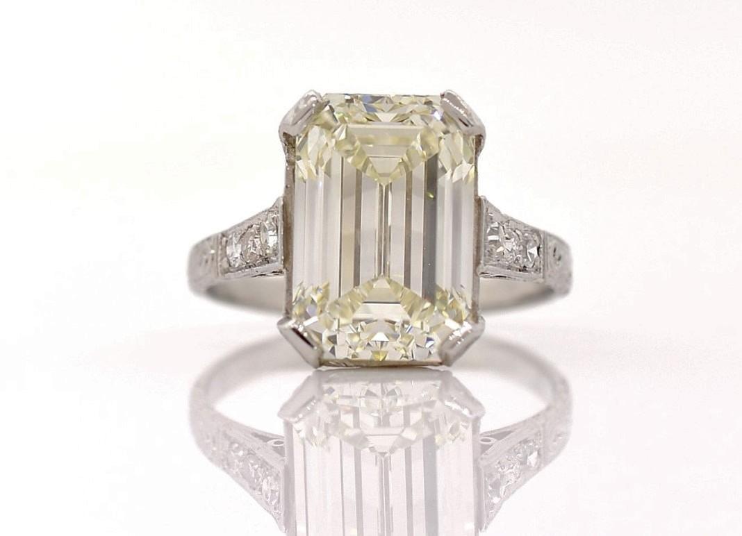 G.I.A. 5.38 Carat Emerald Cut Diamond Art Deco Style Ring 1