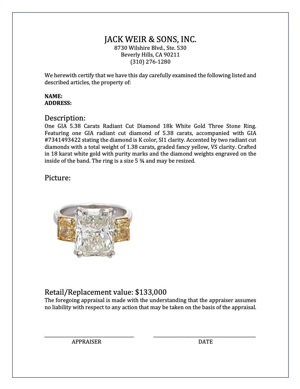 Vintage GIA 5.38 Carats Radiant Cut Diamond 18k White Gold Three Stone Ring 4