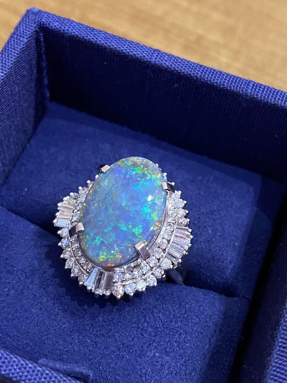 Women's or Men's GIA 5.39 carats Black Opal & Diamond Ballerina Cocktail Ring in Platinum For Sale