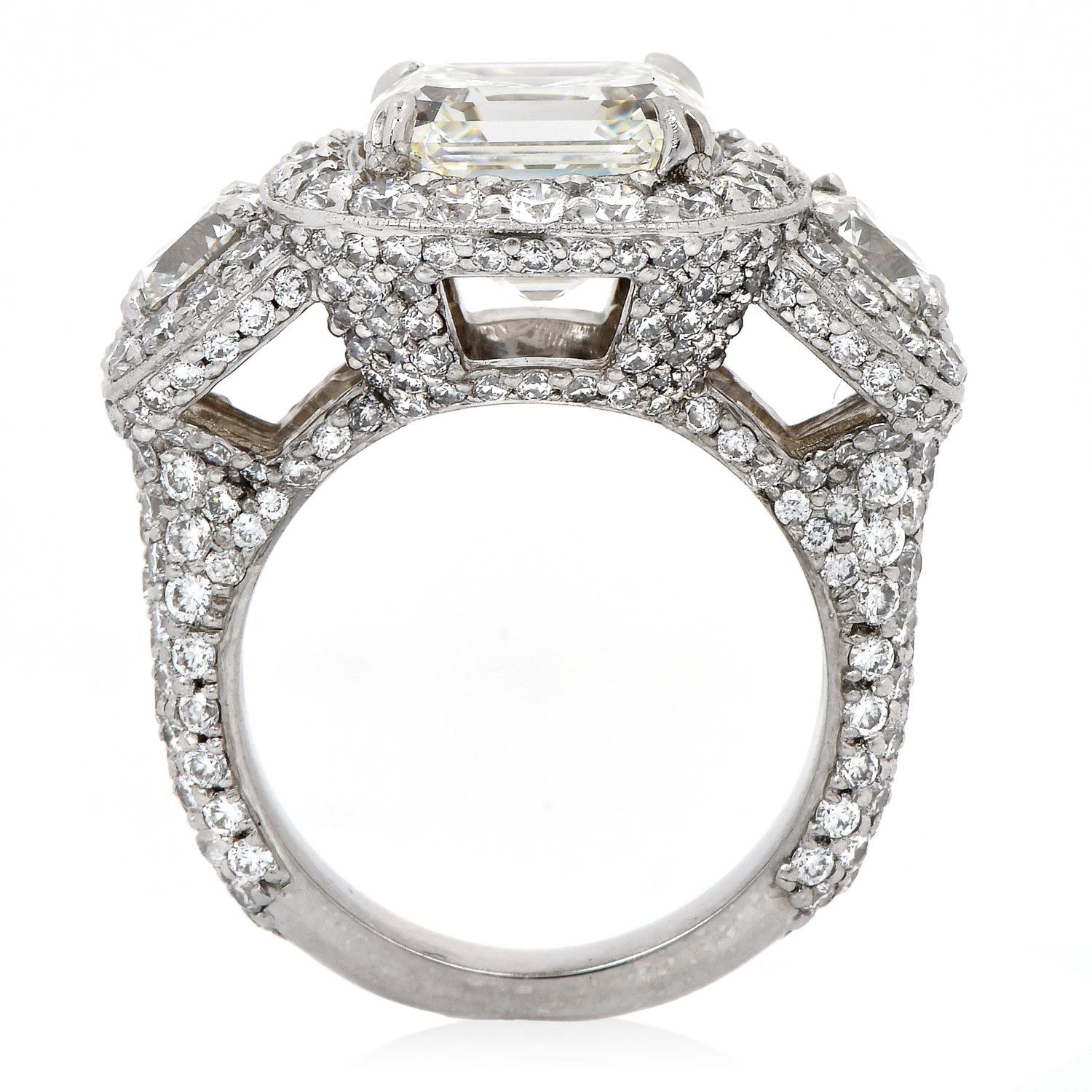 GIA 5.49ct Asscher Cut Diamond Platinum Halo Triple Stone Engagement Ring In Excellent Condition For Sale In Miami, FL