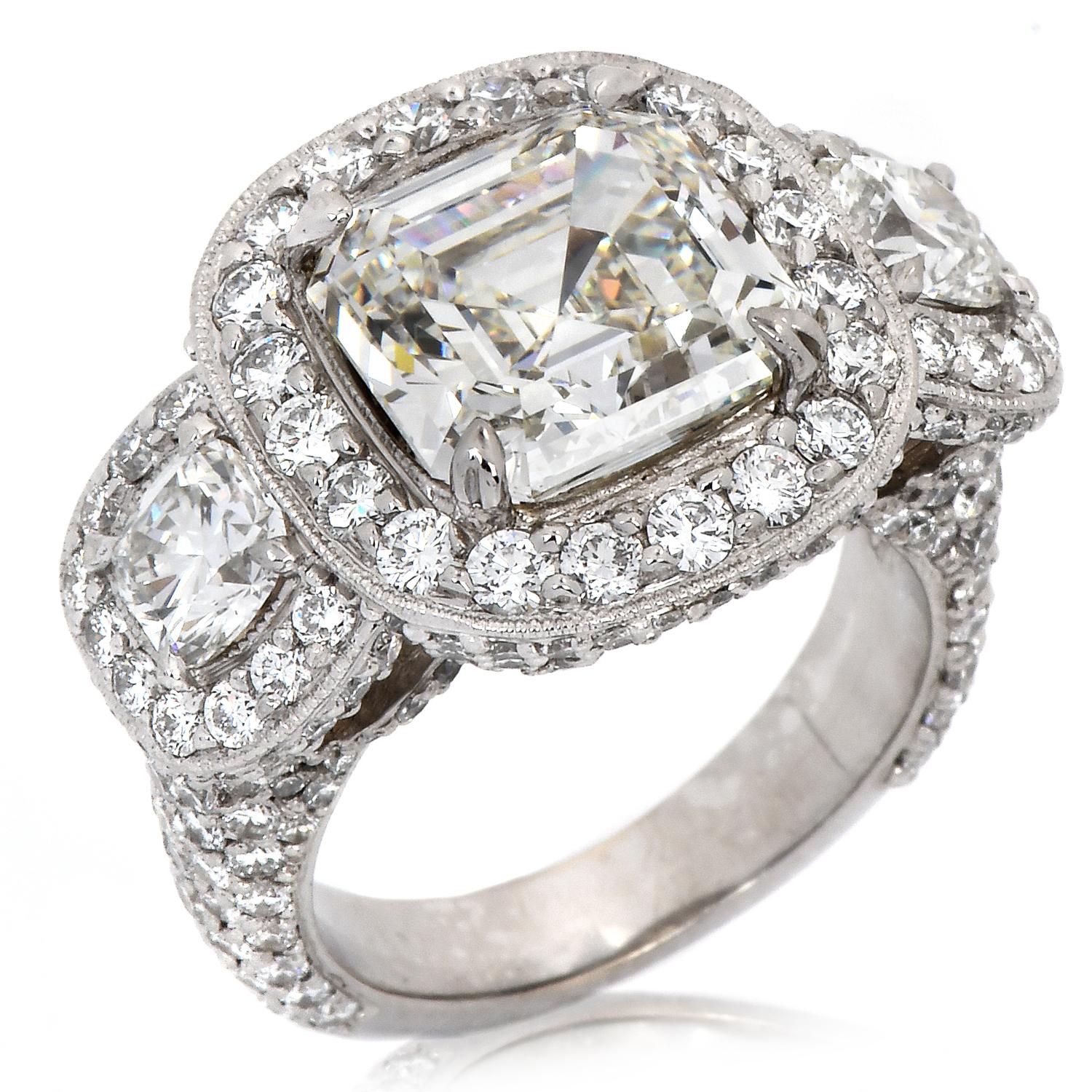 Women's or Men's GIA 5.49ct Asscher Cut Diamond Platinum Halo Triple Stone Engagement Ring For Sale