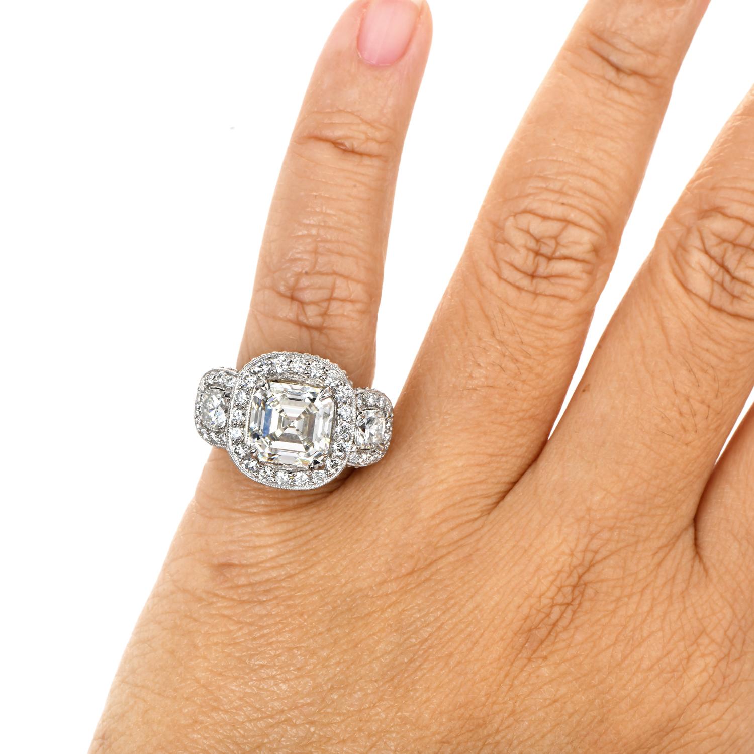 GIA 5.49ct Asscher Cut Diamond Platinum Halo Triple Stone Engagement Ring For Sale 2