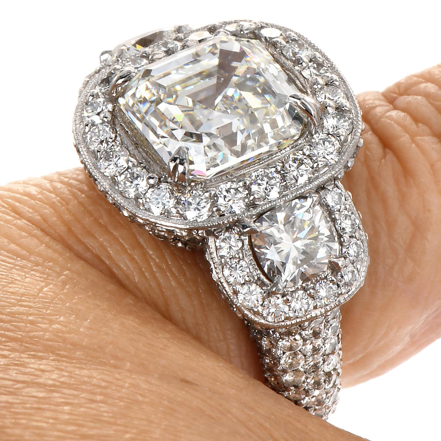 GIA 5.49ct Asscher Cut Diamond Platinum Halo Triple Stone Engagement Ring For Sale 4