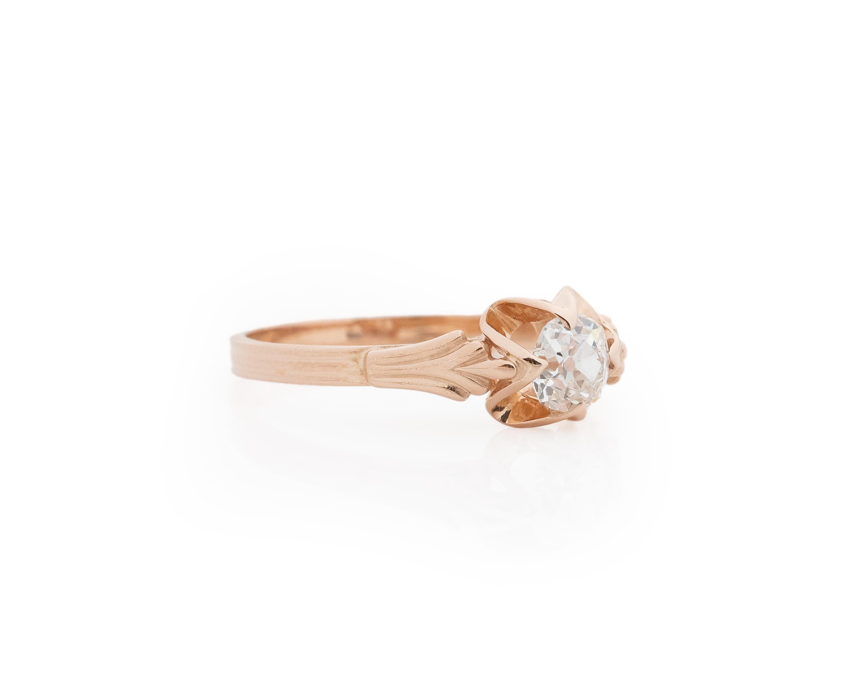 Year: 1920s

Item Details:
Ring Size: 7
Metal Type: 14K Rose Gold [Hallmarked, and Tested]
Weight: 2.4 grams

Diamond Details:

GIA Report#:5234138316
Weight: .55ct total weight
Cut: Old European brilliant
Color: I
Clarity: VS1
Type: Natural

Finger