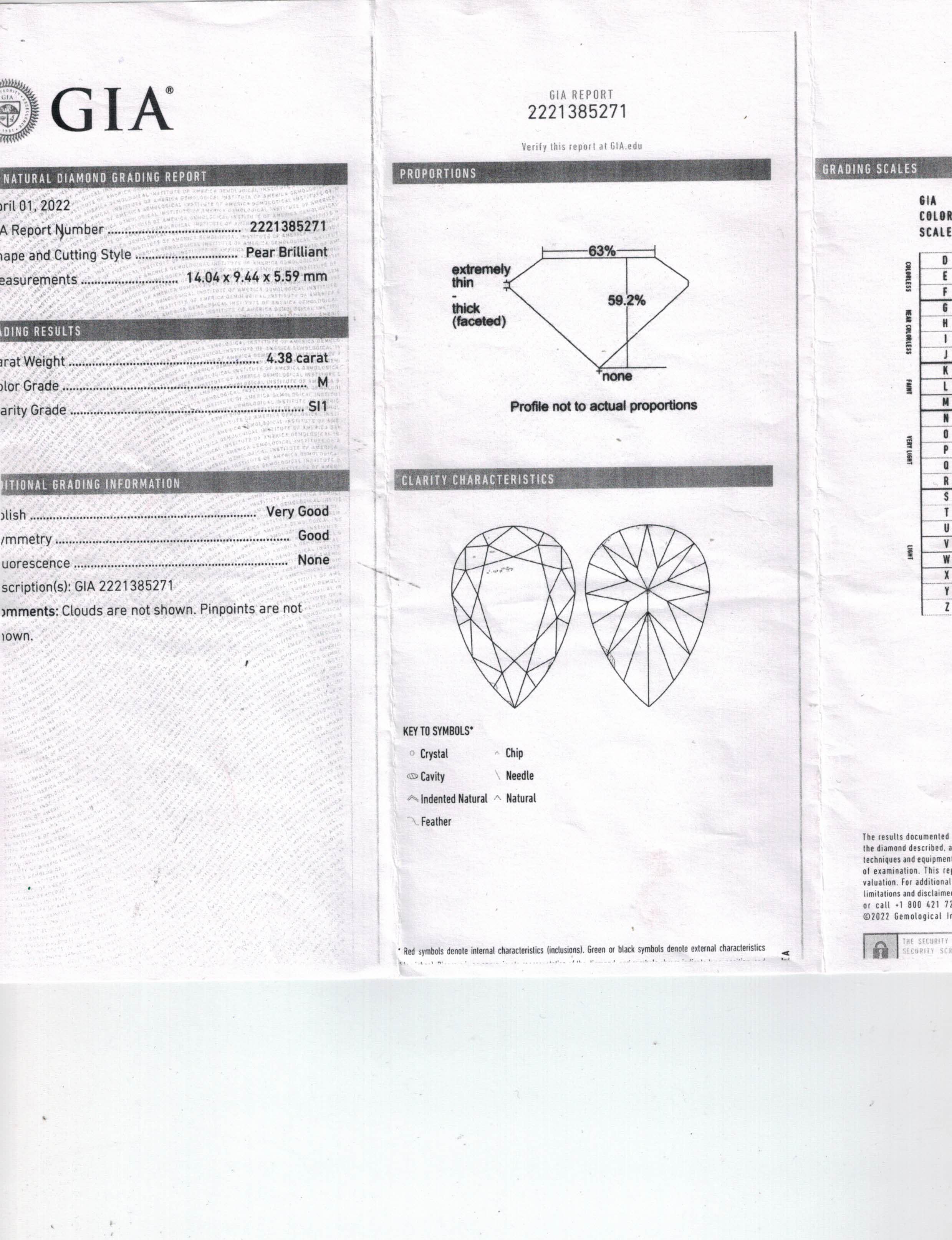 Un hermoso y elegante anillo de diamantes pera certificado por el GIA con un diamante central de 4,38 ct de color M y claridad SI1 (OJO CLARO).
¡No hay nada más chispeante y brillante en la Naturaleza! 

Las medidas de la Piedra Central son