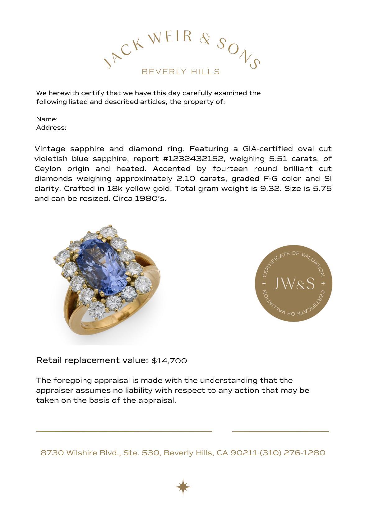 GIA Anello cocktail con zaffiro di Ceylon e diamante in oro giallo 18 carati da 5,51 carati in vendita 2