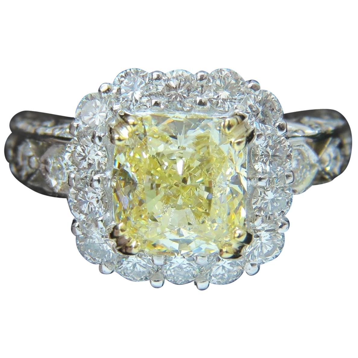 GIA 5.52 Carat Cushion Natural Fancy Yellow Diamond Cluster Halo Ring VVS1 For Sale