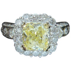 GIA 5.52 Carat Cushion Natural Fancy Yellow Diamond Cluster Halo Ring VVS1*