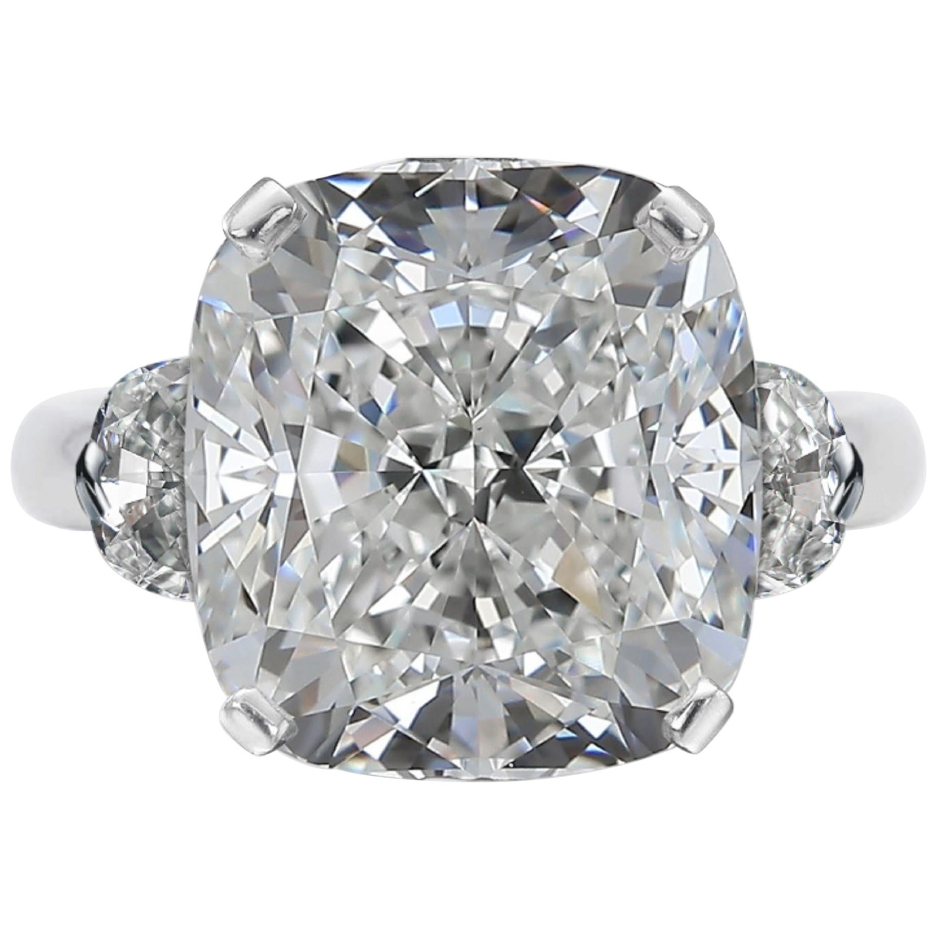 GIA 4 Carat Cushion Diamond Half-Moon Side Three-Stone Ring Plat 