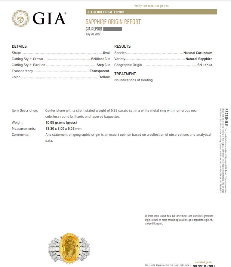 GIA zertifiziert 5.63 Karat Ungeheizte Ceylon Gelber Saphir & Diamant Ring in Platin

Der Ring mit gelbem Saphir und Diamanten besteht aus einem ovalen gelben Saphir von 5,63 Karat, der von runden und spitz zulaufenden Baguette-Diamanten akzentuiert