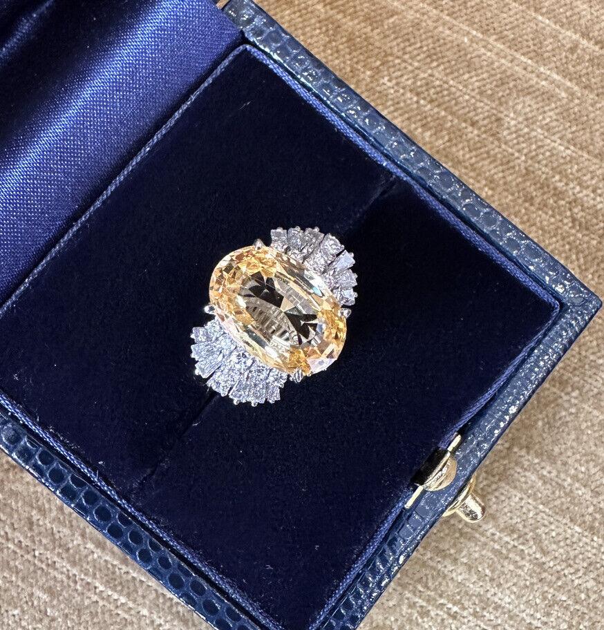 Oval Cut GIA 5.63 Carat Unheated Ceylon Yellow Sapphire & Diamond Ring in Platinum For Sale