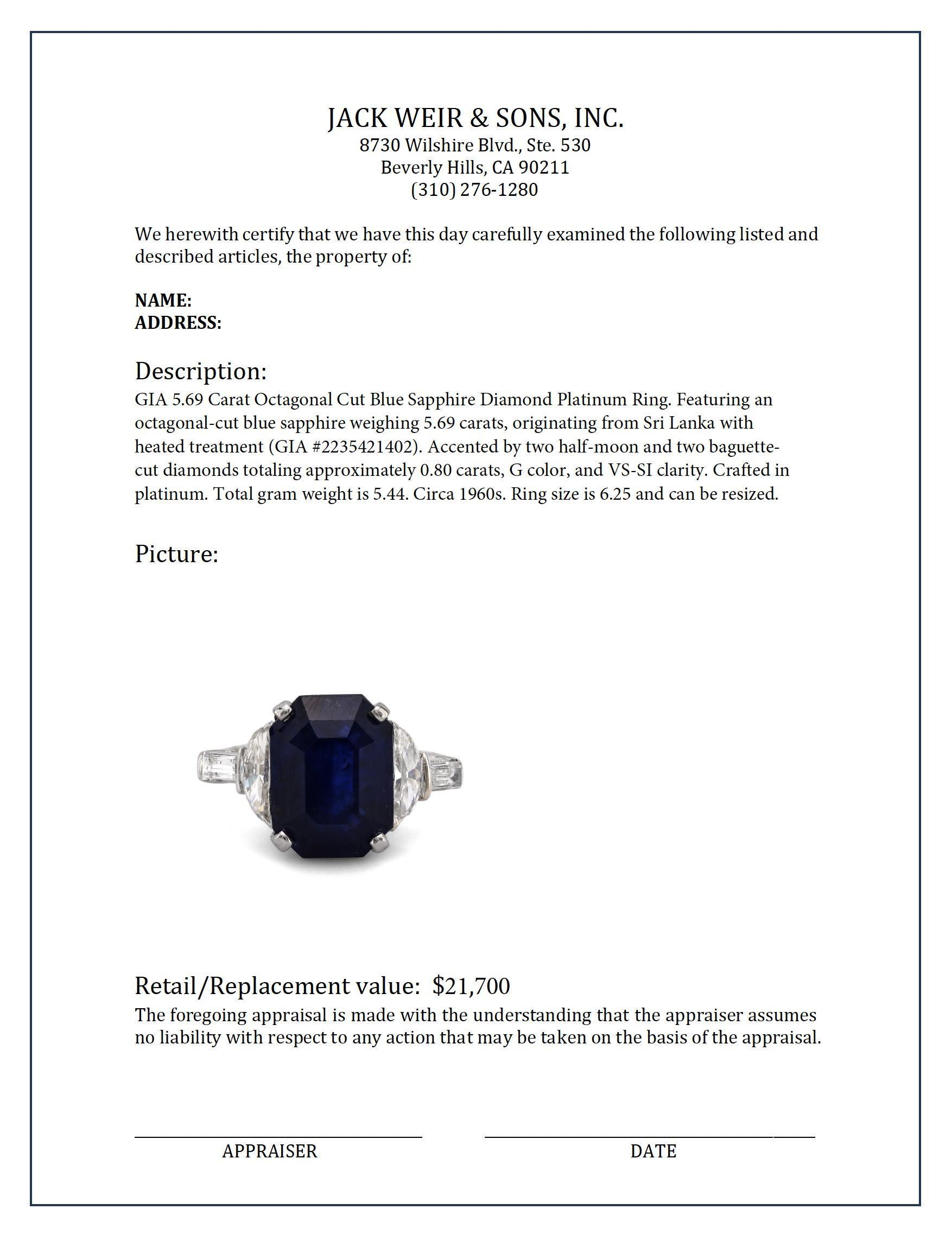 Platinring, GIA 5,69 Karat achteckig geschliffener blauer Saphir, Diamant für Damen oder Herren