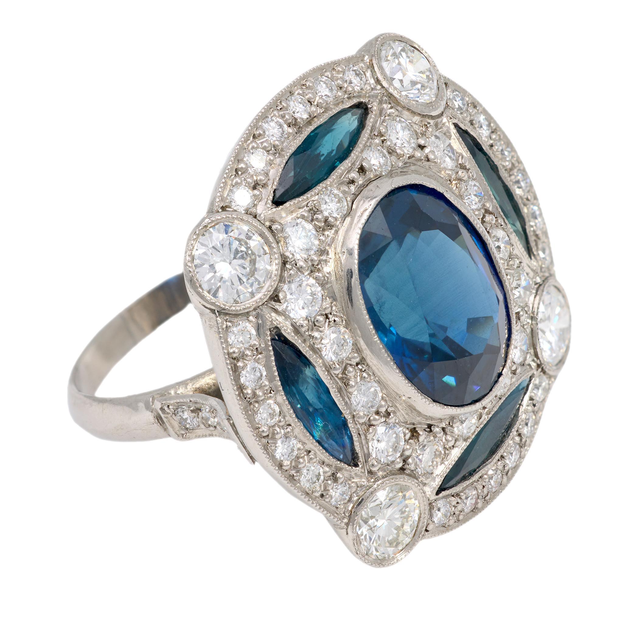 Oval Cut GIA 5.70 carat sapphire diamond platinum cocktail ring For Sale