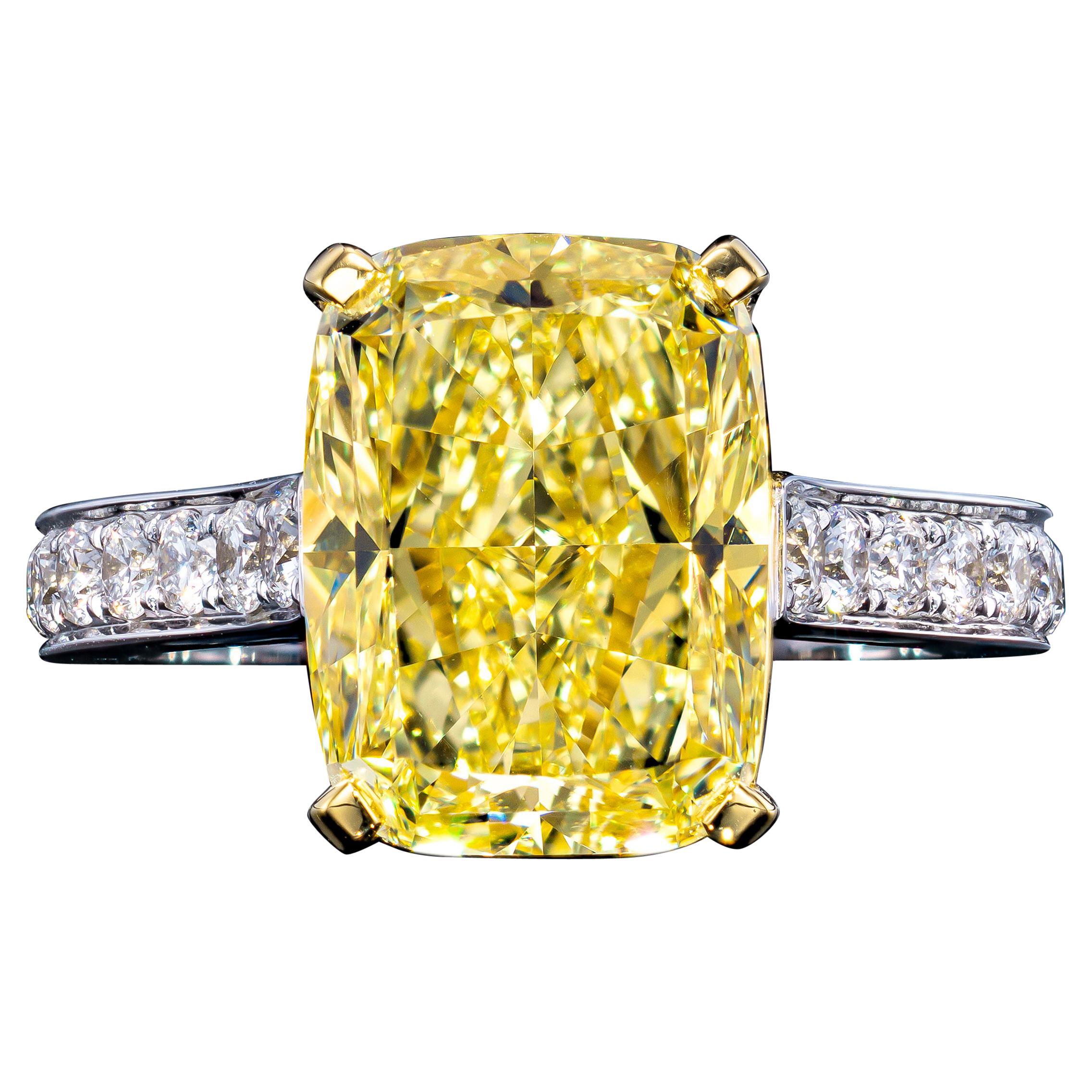 GIA 5.73 Carat Cushion Cut Natural Fancy Intense Yellow Solitaire Diamond Ring