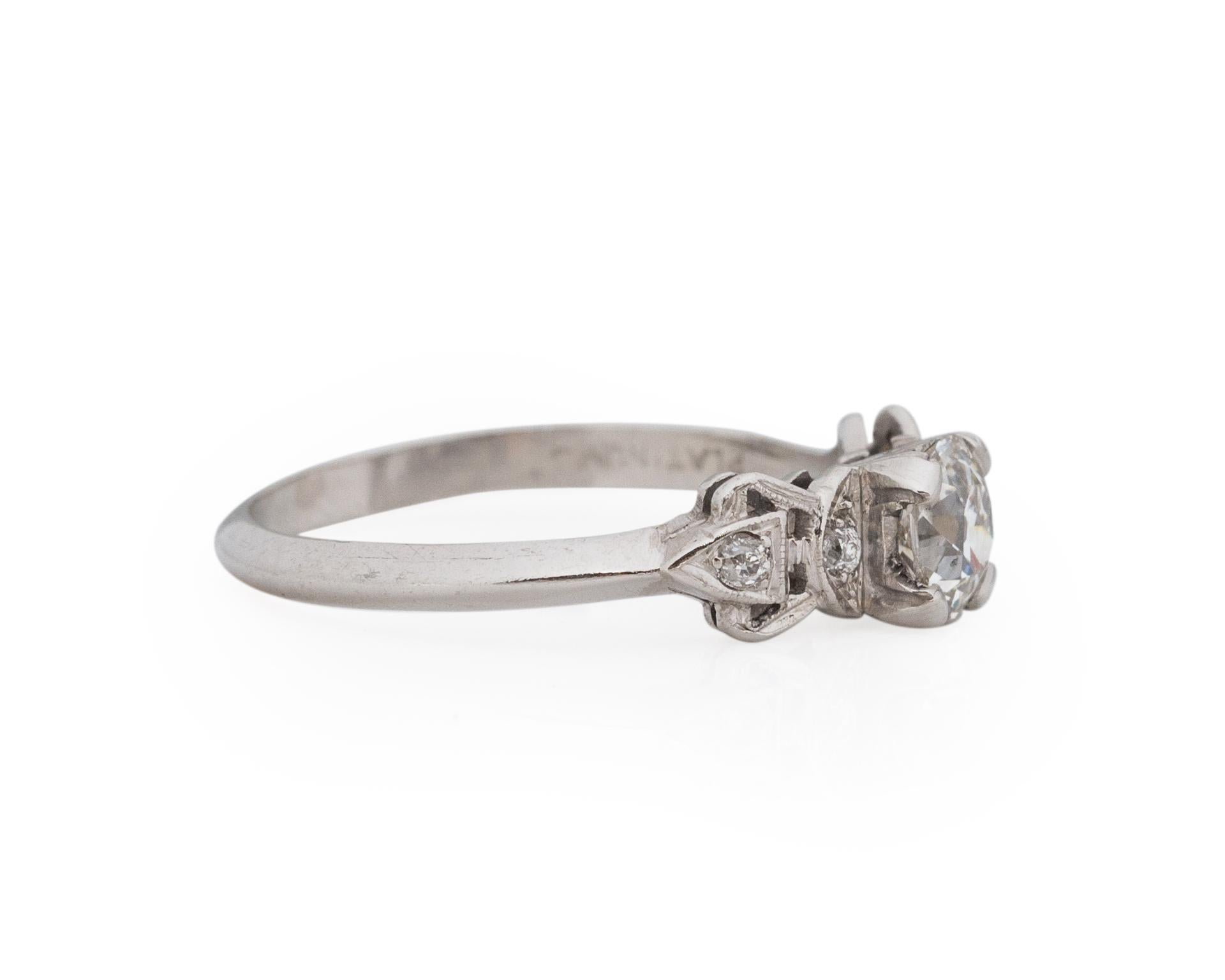 Ring Size: 6.75
Metal Type: Platinum [Hallmarked, and Tested]
Weight: 3.4 grams

Center Diamond Details:
GIA REPORT #: 2215892269
Weight: .58carat
Cut: Old European brilliant
Color: K
Clarity: SI1
Measurements: 5.47mm x 5.08mm x 3.17mm

Side Stone