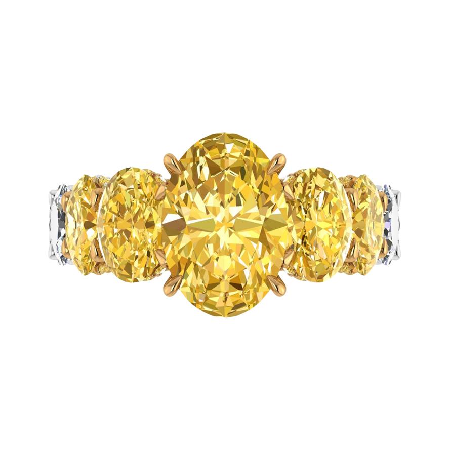 GIA 5.8 Carat Oval Yellow Intense Diamonds 18 Karat Shank Platinum 950 Ring