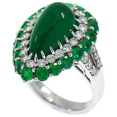 GIA 5.82 Carat Pear Shape Colombian Emerald and Diamond Double Halo Ring