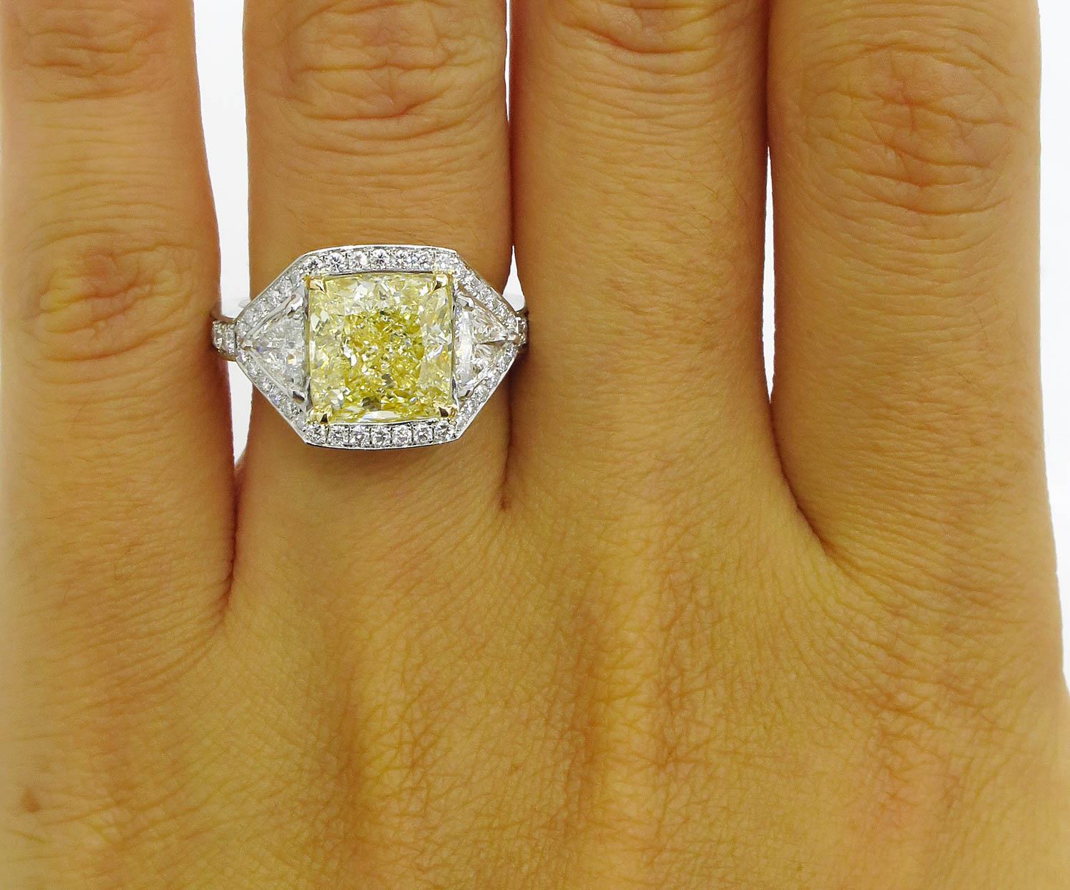 GIA 5.84 Carat Vintage Fancy Yellow Cushion Diamond Wedding Platinum Ring 6