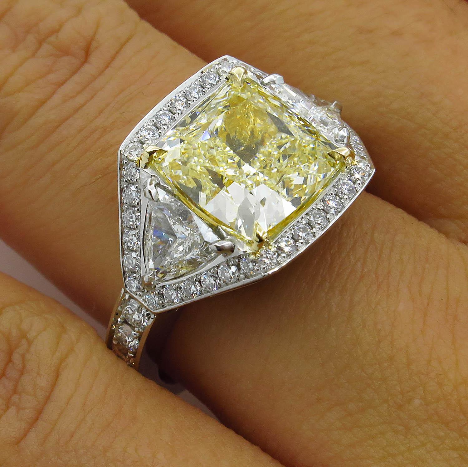 GIA 5.84 Carat Vintage Fancy Yellow Cushion Diamond Wedding Platinum Ring 7