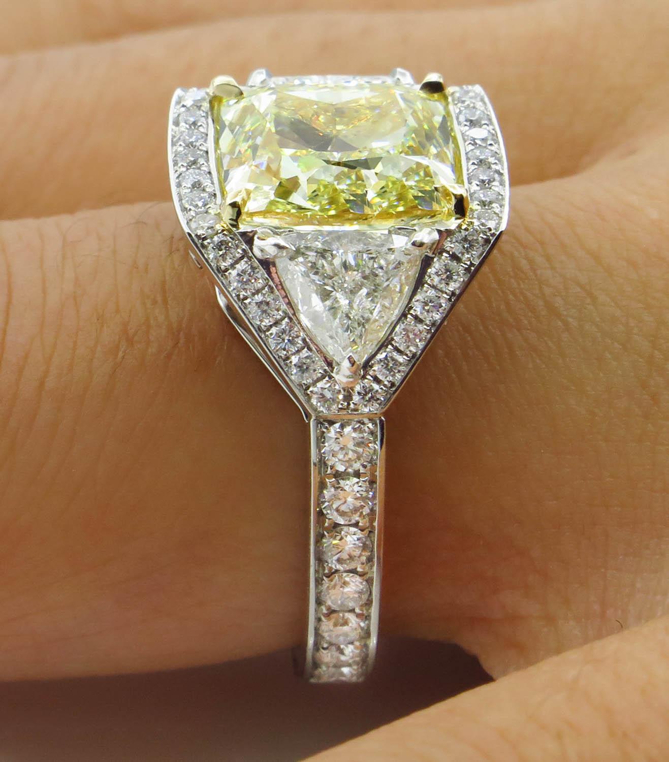 GIA 5.84 Carat Vintage Fancy Yellow Cushion Diamond Wedding Platinum Ring 8