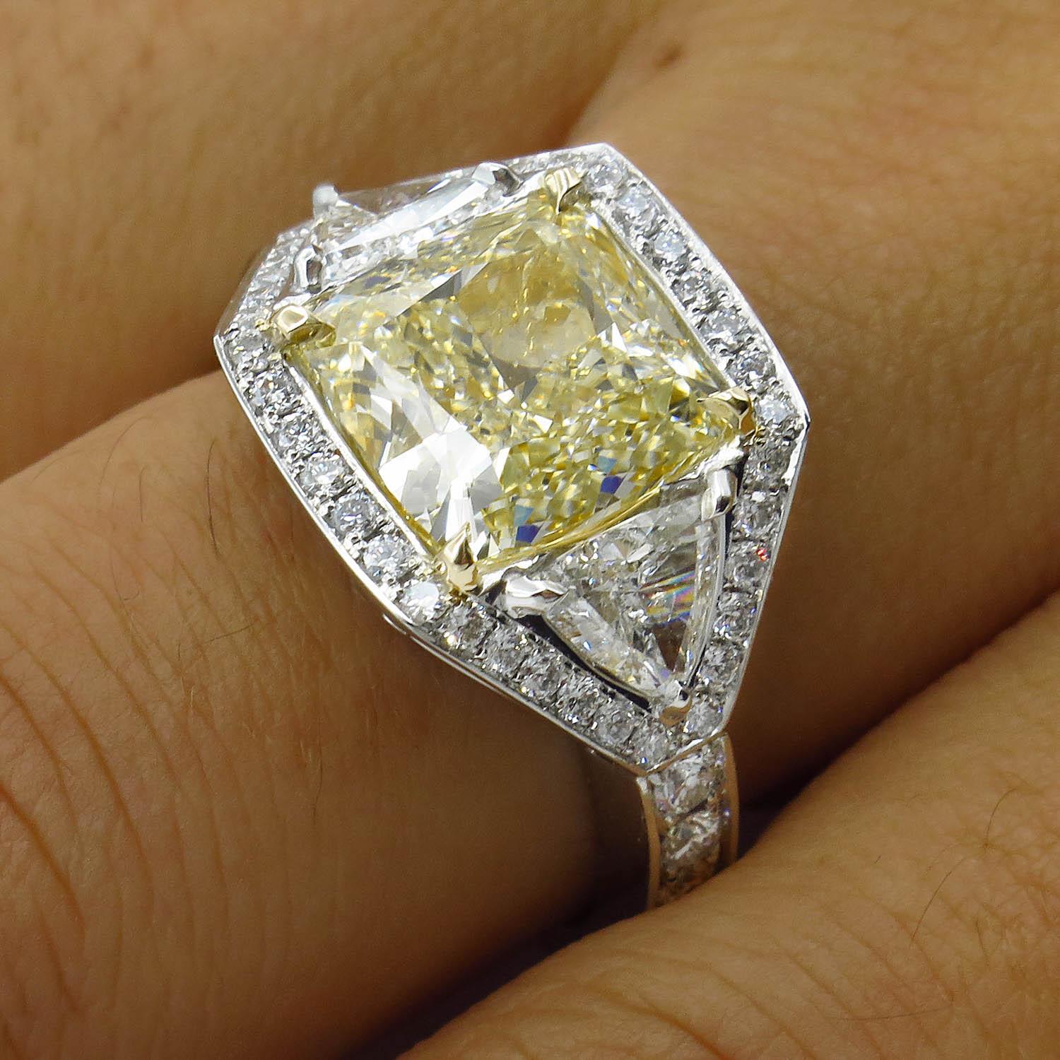 GIA 5.84 Carat Vintage Fancy Yellow Cushion Diamond Wedding Platinum Ring 9
