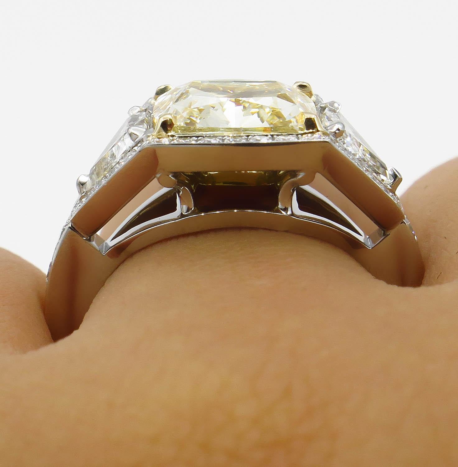 GIA 5.84 Carat Vintage Fancy Yellow Cushion Diamond Wedding Platinum Ring 10