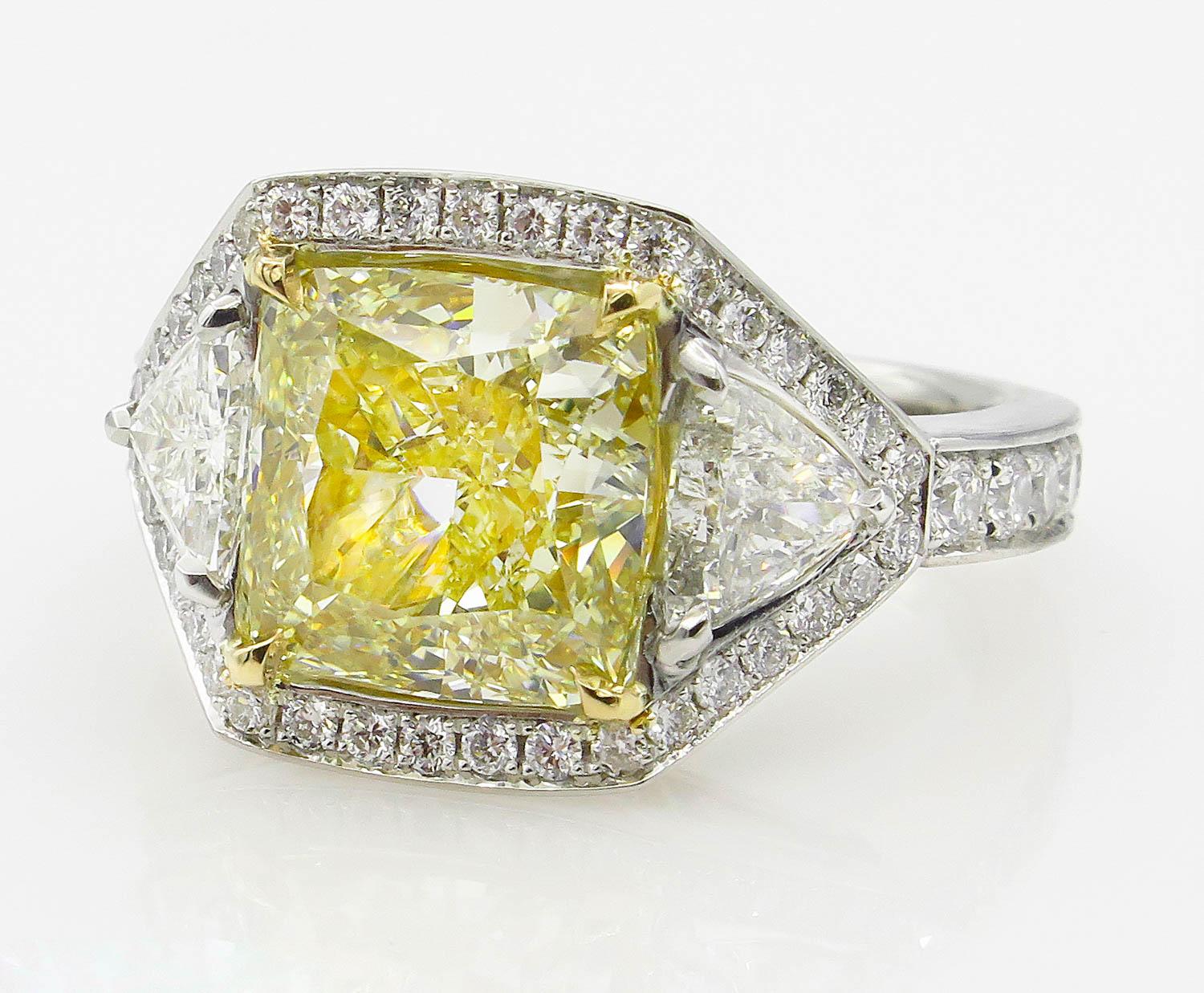 GIA 5.84 Carat Vintage Fancy Yellow Cushion Diamond Wedding Platinum Ring In Good Condition In New York, NY