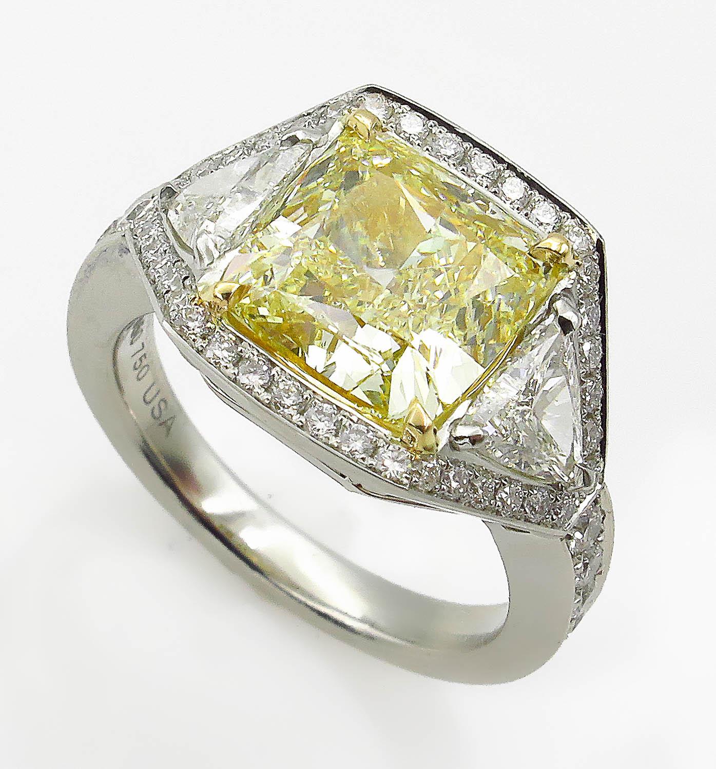 Women's GIA 5.84 Carat Vintage Fancy Yellow Cushion Diamond Wedding Platinum Ring