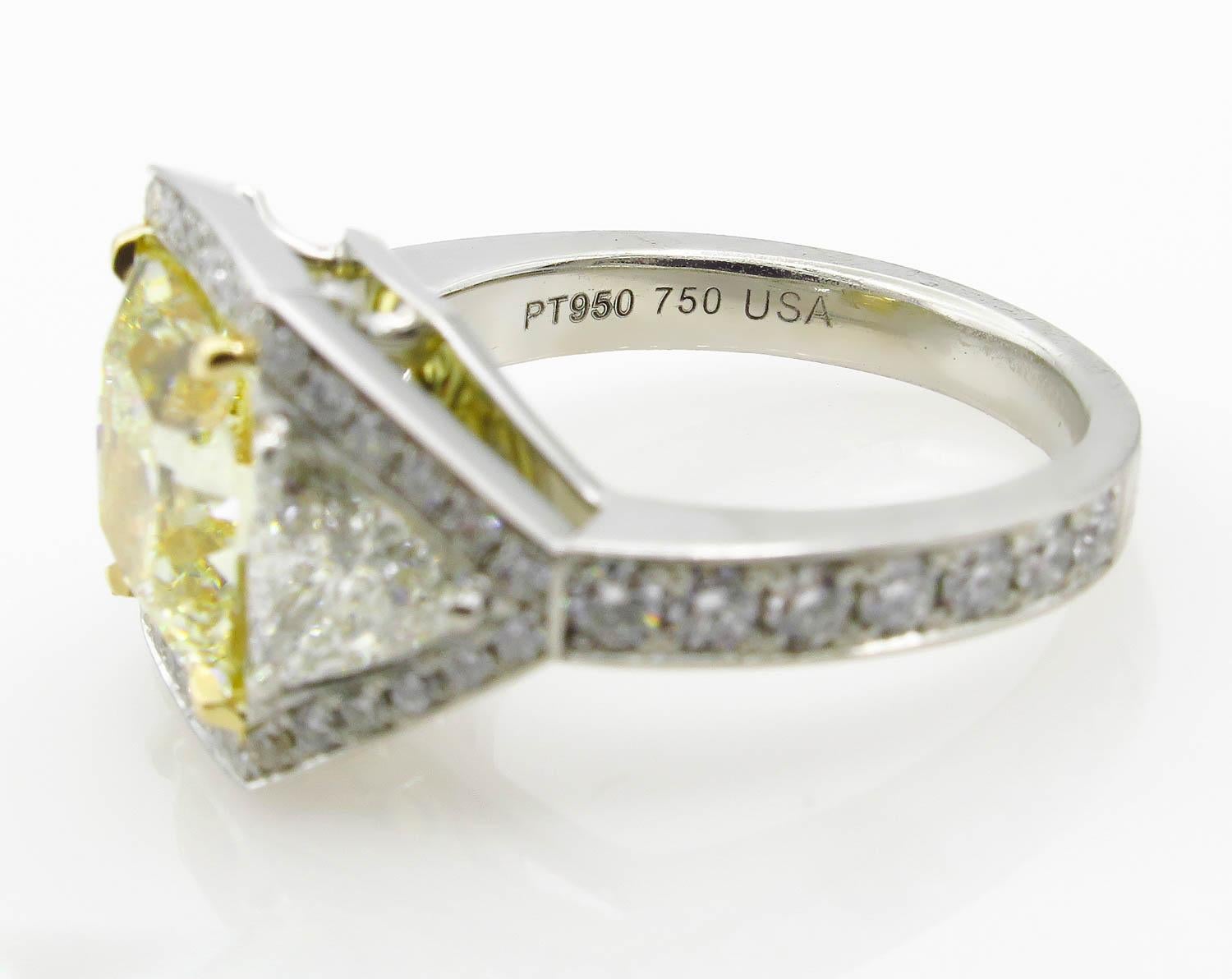 GIA 5.84 Carat Vintage Fancy Yellow Cushion Diamond Wedding Platinum Ring 2