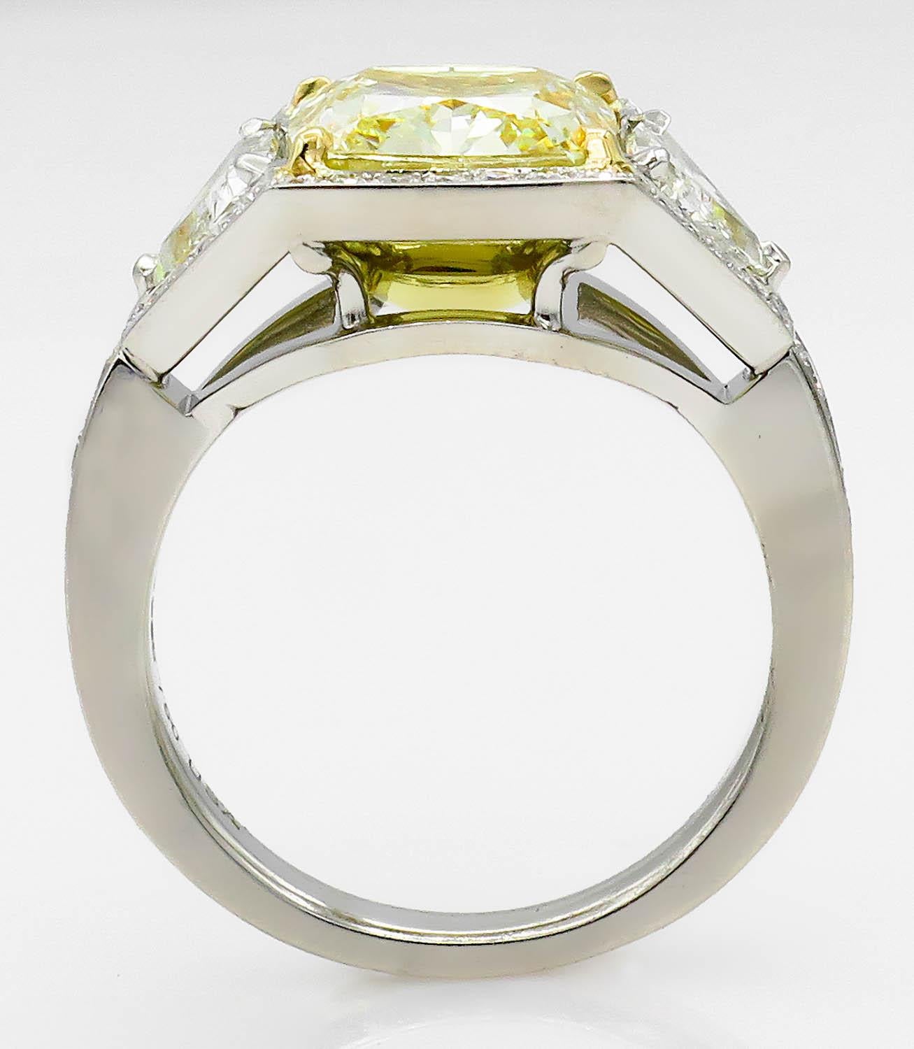GIA 5.84 Carat Vintage Fancy Yellow Cushion Diamond Wedding Platinum Ring 4