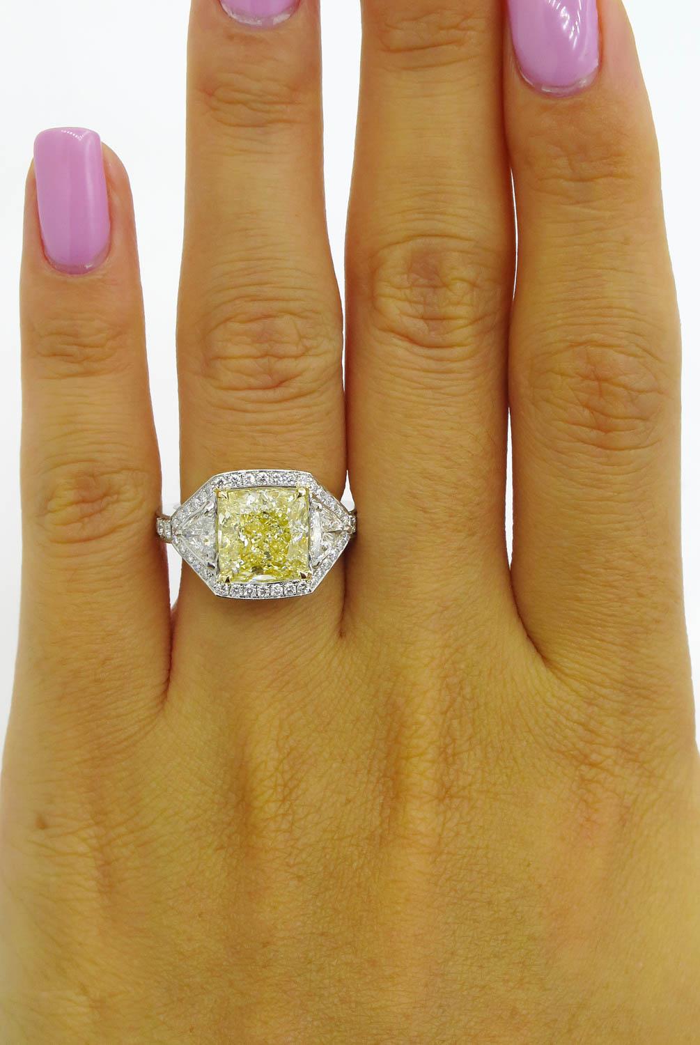 GIA 5.84 Carat Vintage Fancy Yellow Cushion Diamond Wedding Platinum Ring 5