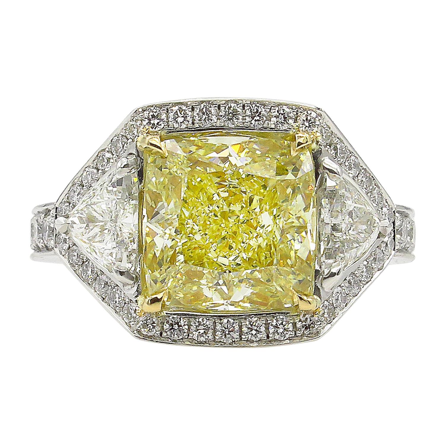 GIA 5.84 Carat Vintage Fancy Yellow Cushion Diamond Wedding Platinum Ring