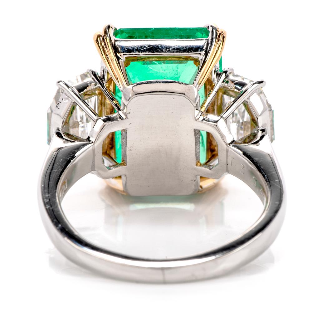 GIA 5.84 Carats Colombian Emerald & Diamond 3-Stone Platinum Ring (bague en platine à 3 pierres) en vente 1