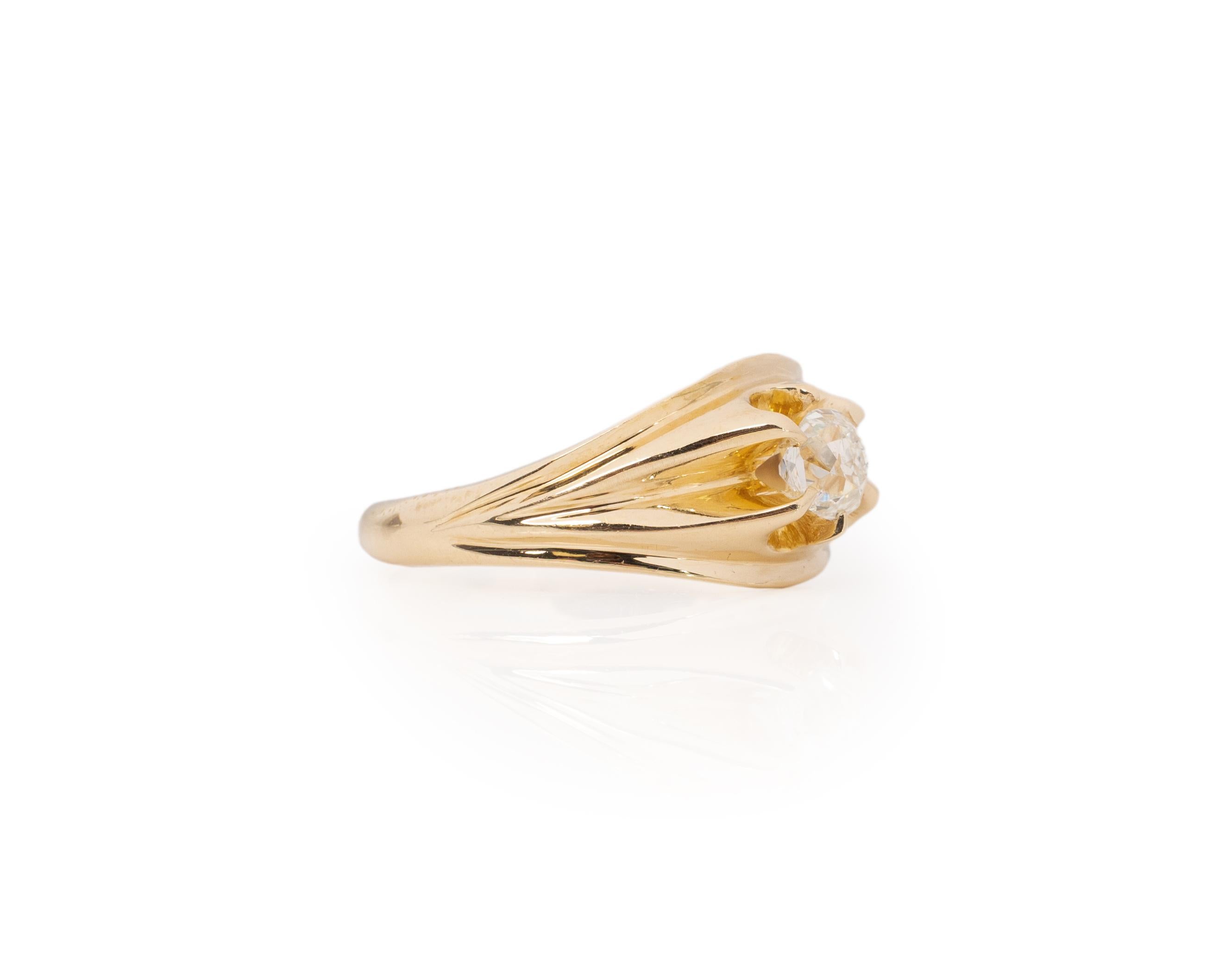 Ring Size: 8.25
Metal Type: 14K Yellow Gold [Hallmarked, and Tested]
Weight: 5.0 grams

Center Diamond Details:
GIA LAB REPORT #: 2221897016
Weight: .59ct
Cut: Old Mine brilliant
Color: H
Clarity: SI2
Measurements: 4.86mm x 4.57mm x 3.64mm

Finger