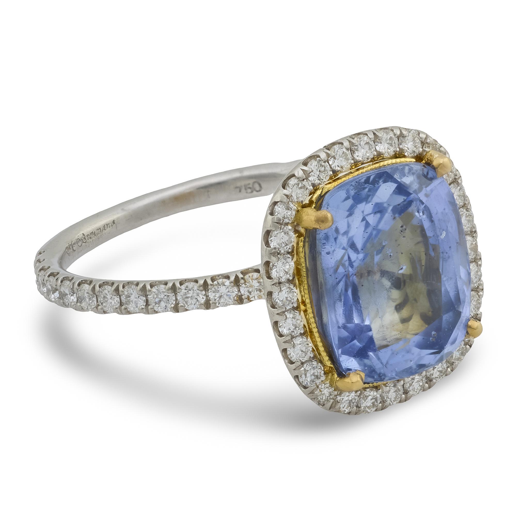 GIA 5.92 carat Ceylon no heat saphir diamant platine 18k or jaune Bon état - En vente à Beverly Hills, CA