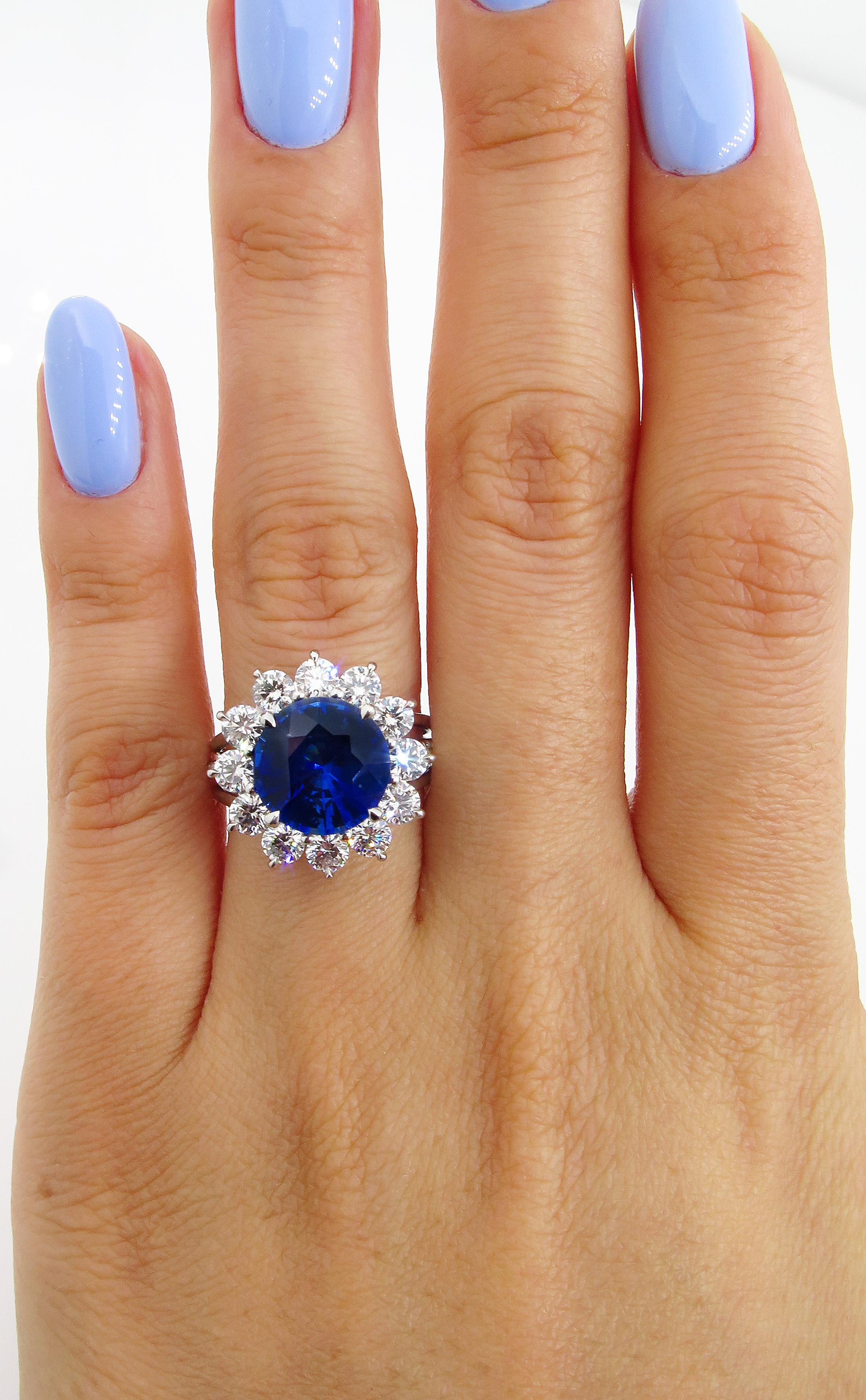 GIA 5.92ctw Ceylon Natural Royal Blue Sapphire and Diamond Platinum Cluster Ring 2