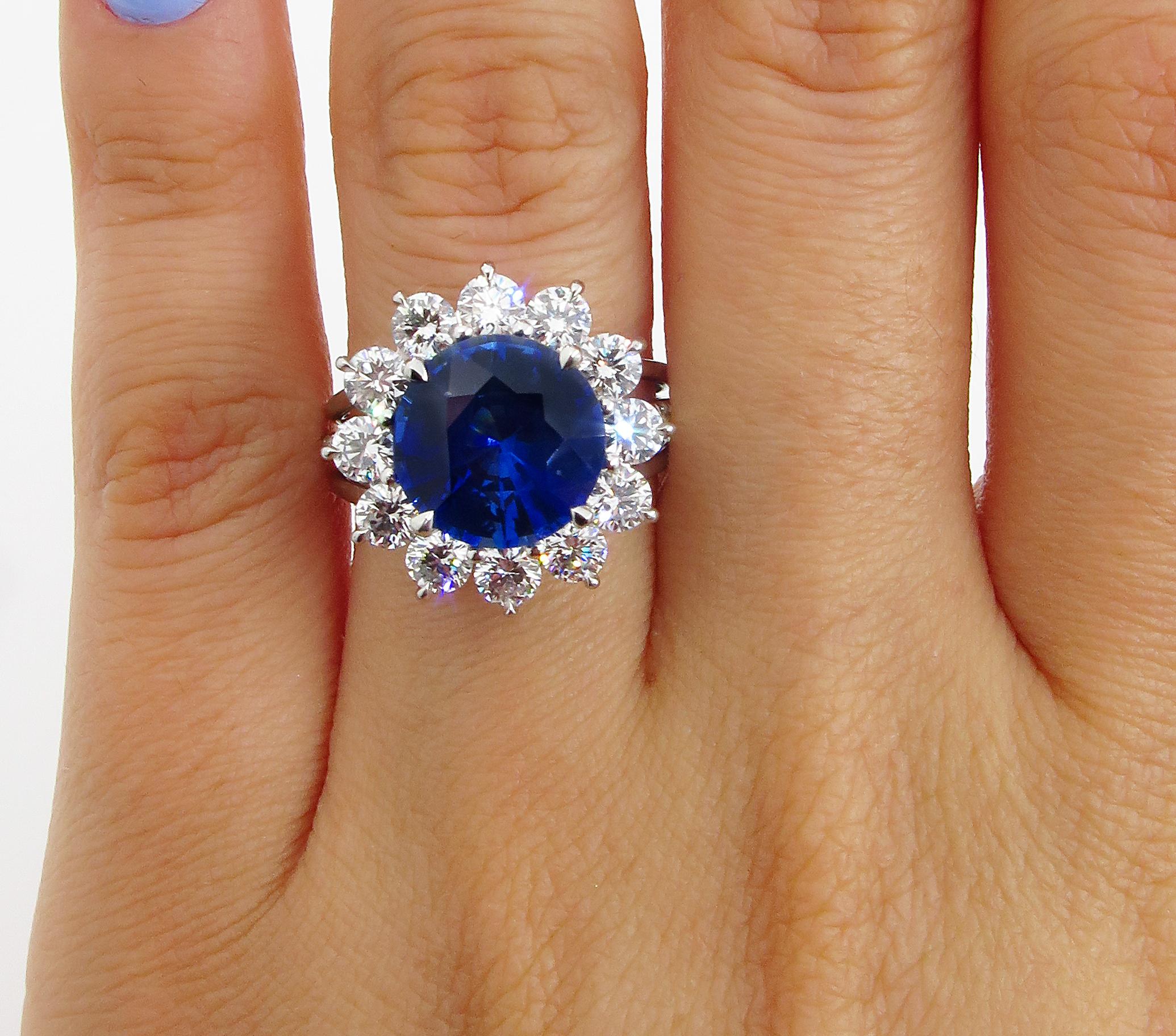 GIA 5.92ctw Ceylon Natural Royal Blue Sapphire and Diamond Platinum Cluster Ring 3