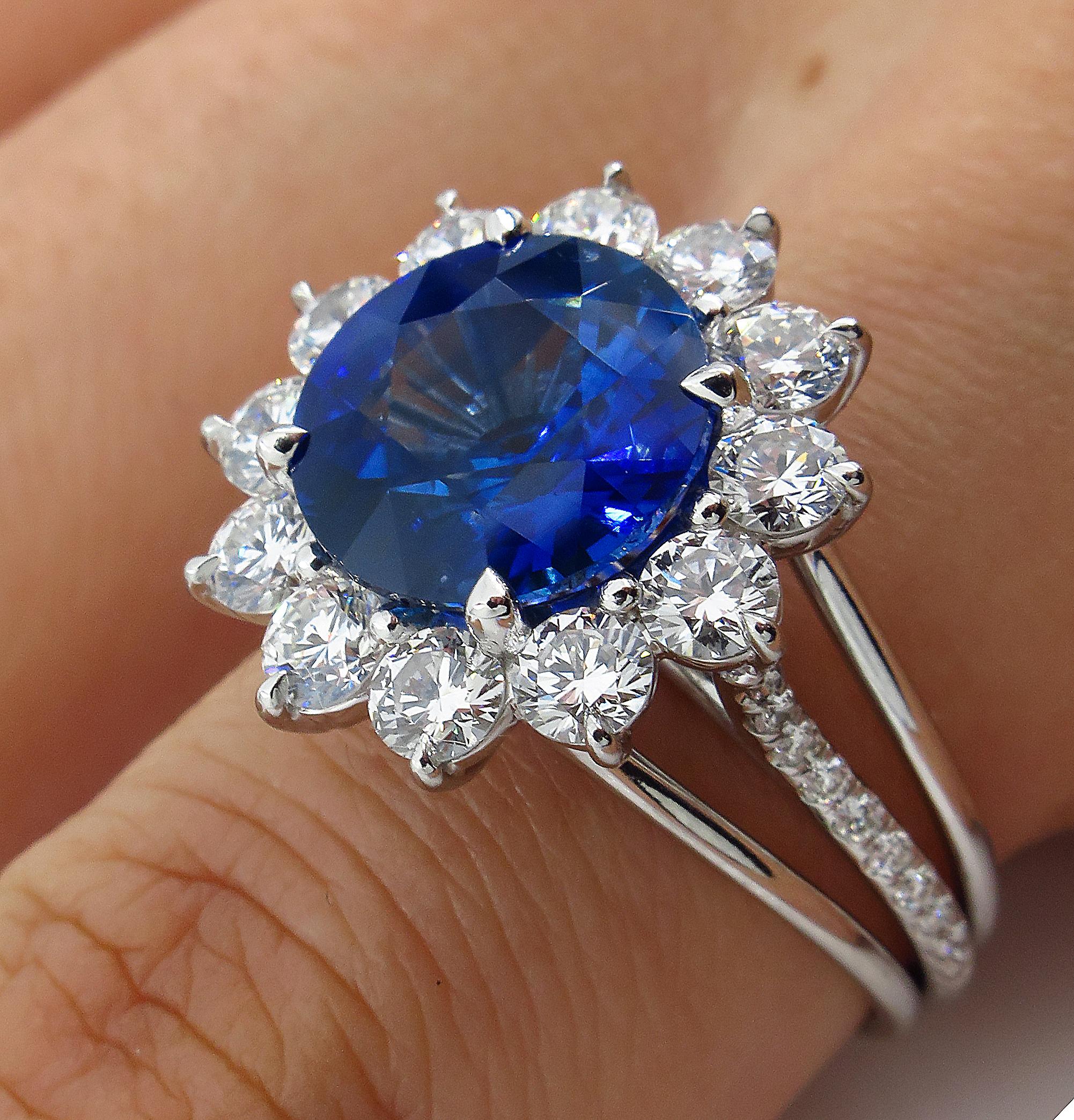 GIA 5.92ctw Ceylon Natural Royal Blue Sapphire and Diamond Platinum Cluster Ring 4