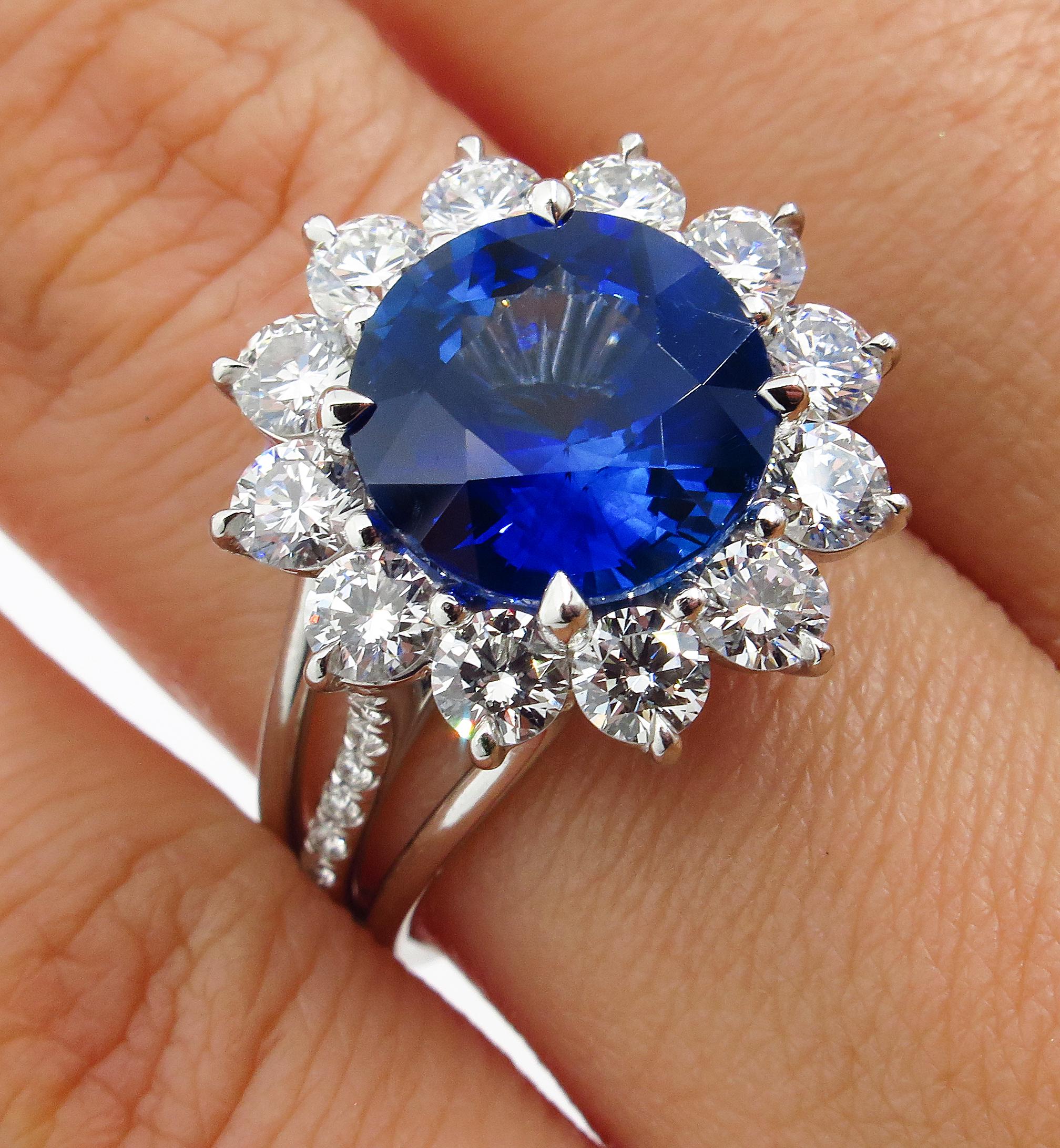 GIA 5.92ctw Ceylon Natural Royal Blue Sapphire and Diamond Platinum Cluster Ring 5