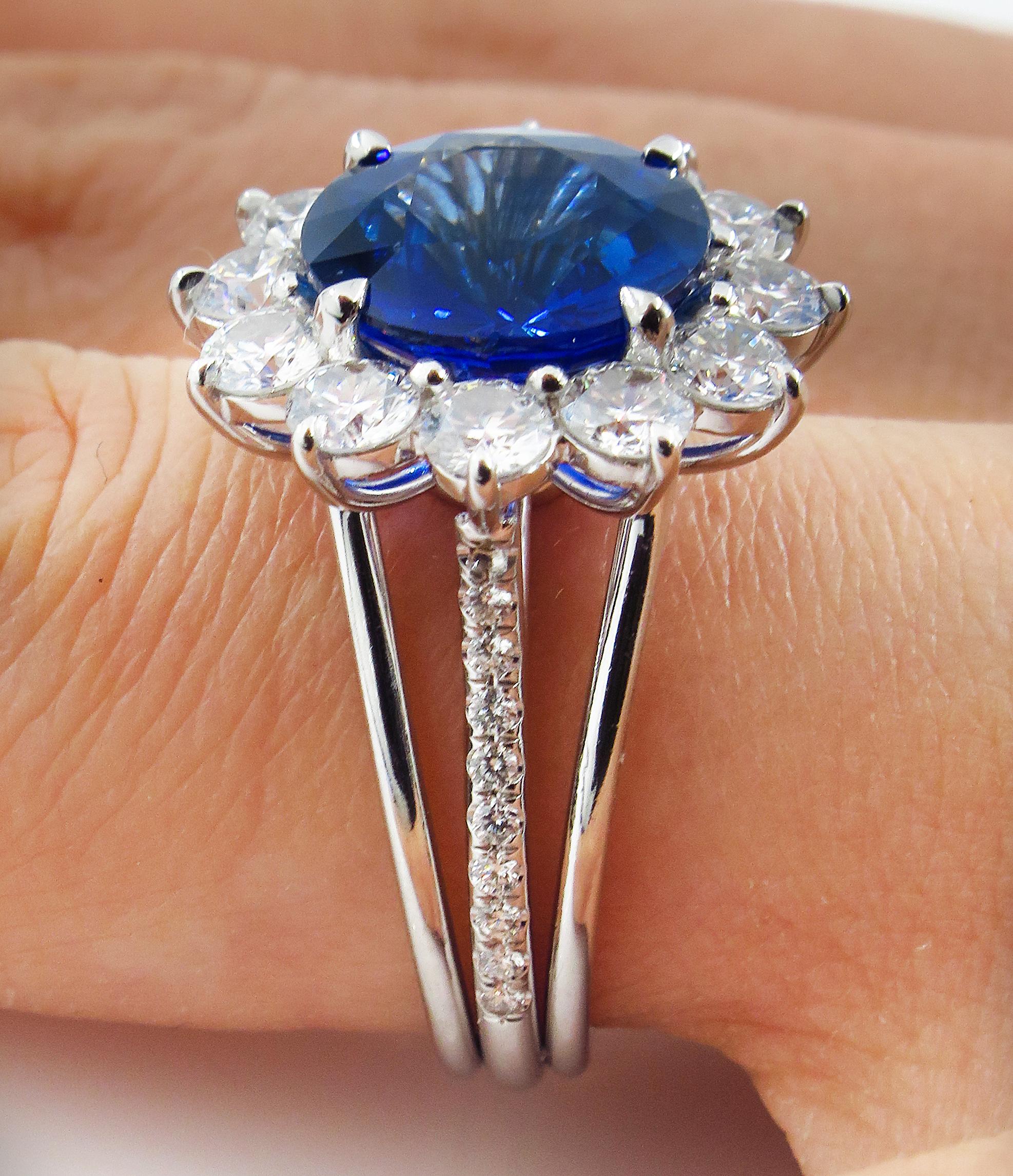 GIA 5.92ctw Ceylon Natural Royal Blue Sapphire and Diamond Platinum Cluster Ring 6