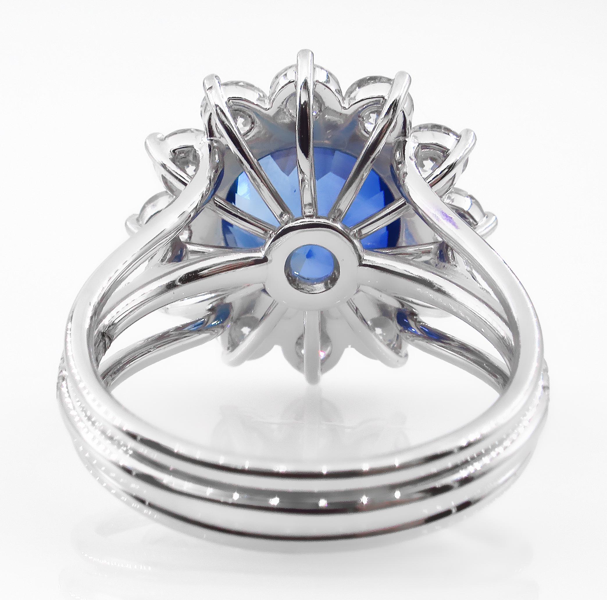 Modern GIA 5.92ctw Ceylon Natural Royal Blue Sapphire and Diamond Platinum Cluster Ring