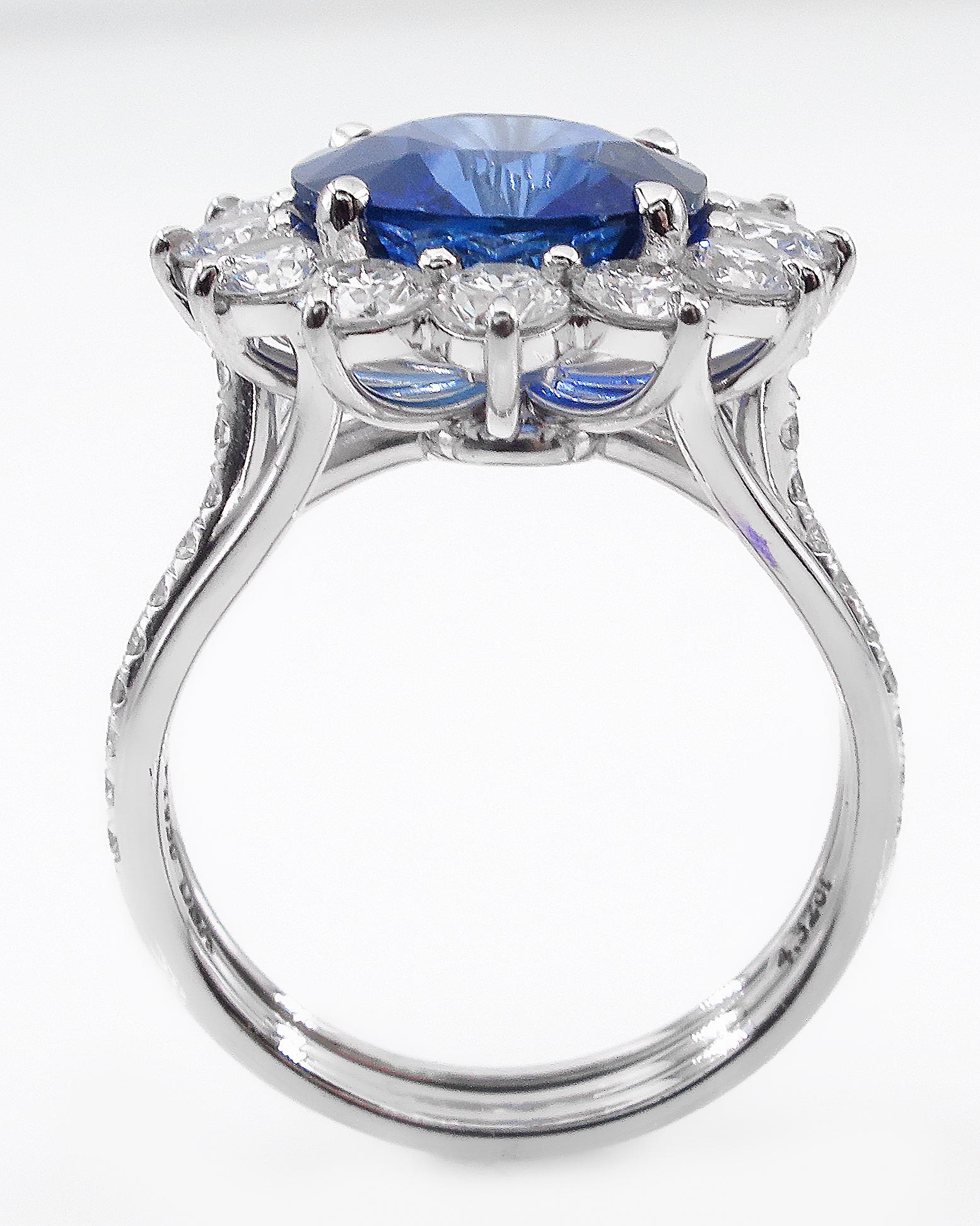 Round Cut GIA 5.92ctw Ceylon Natural Royal Blue Sapphire and Diamond Platinum Cluster Ring