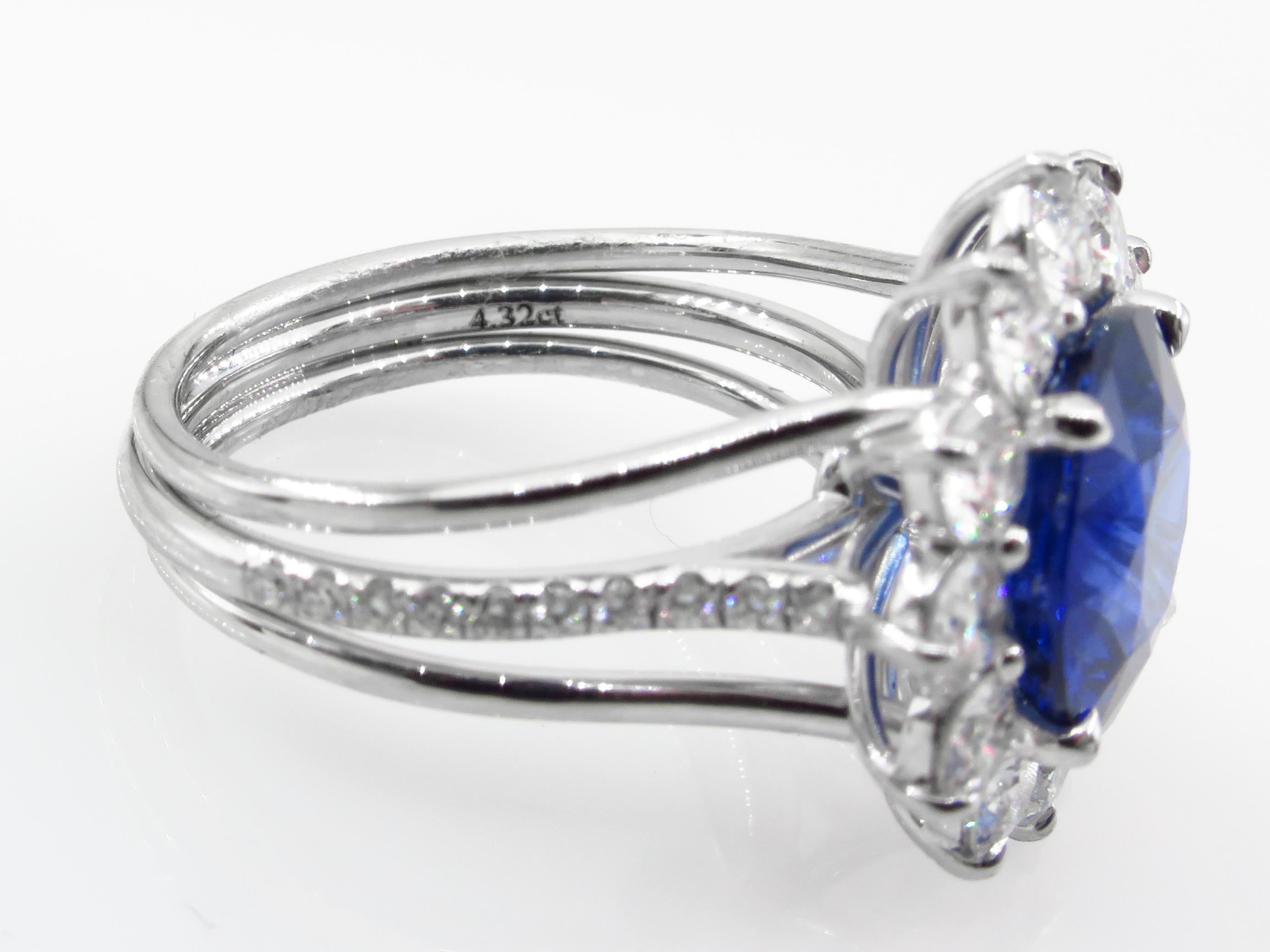 GIA 5.92ctw Ceylon Natural Royal Blue Sapphire and Diamond Platinum Cluster Ring In Excellent Condition In New York, NY