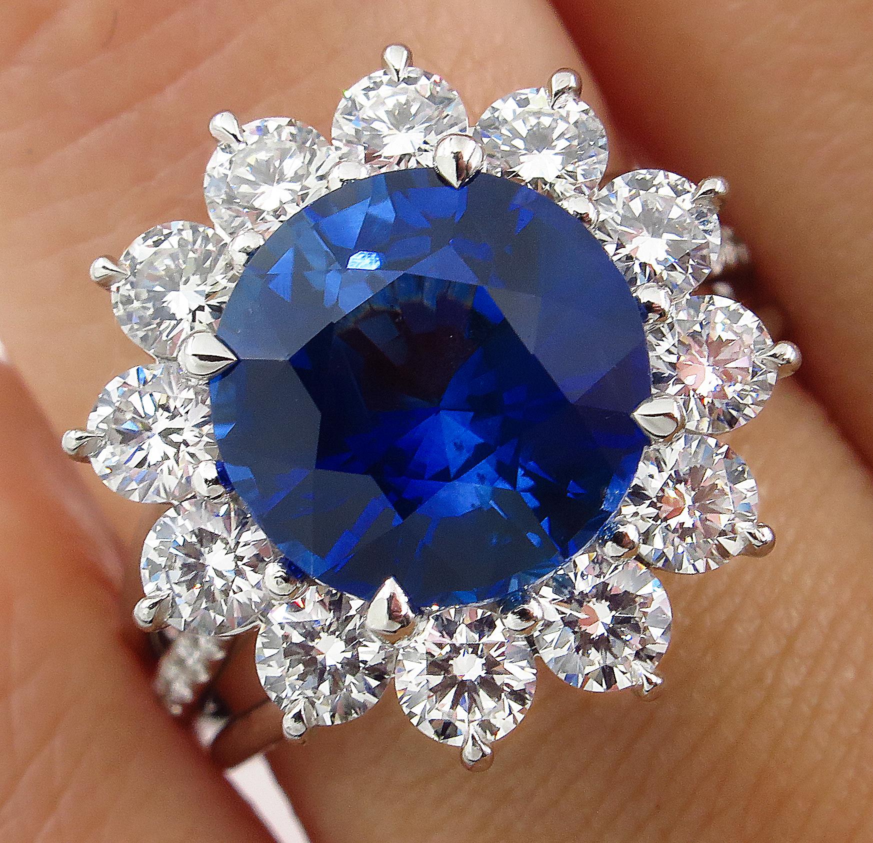 GIA 5.92ctw Ceylon Natural Royal Blue Sapphire and Diamond Platinum Cluster Ring 1