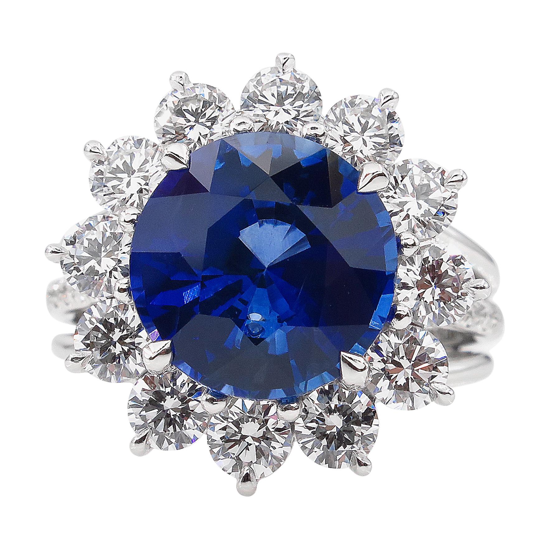 GIA 5.92ctw Ceylon Natural Royal Blue Sapphire and Diamond Platinum Cluster Ring