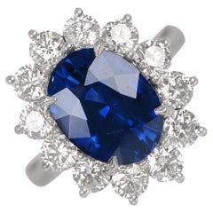 GIA 5.99ct Oval Cut Natural Sapphire Cluster Ring, Platinum, Heated, Low Profile