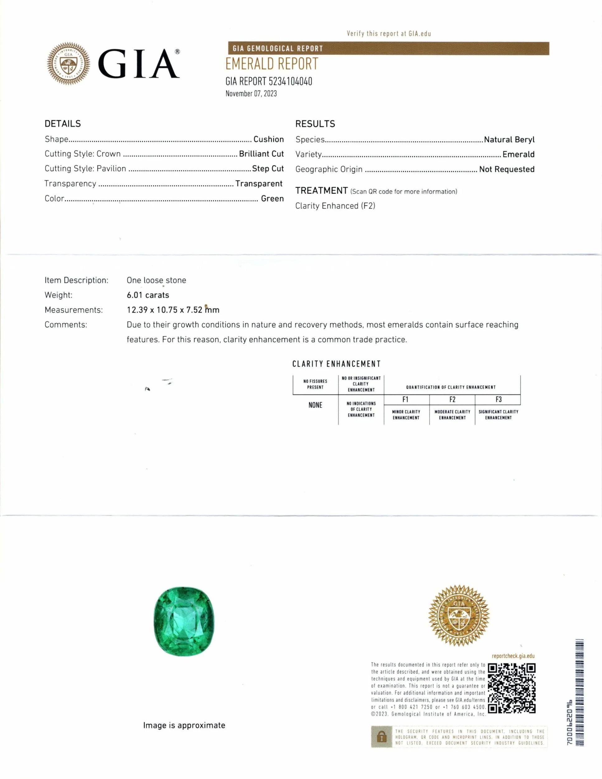 Greene & Greene 6 Carat Green Cushion Cut Diamond Solitaire Ring Neuf - En vente à Rome, IT