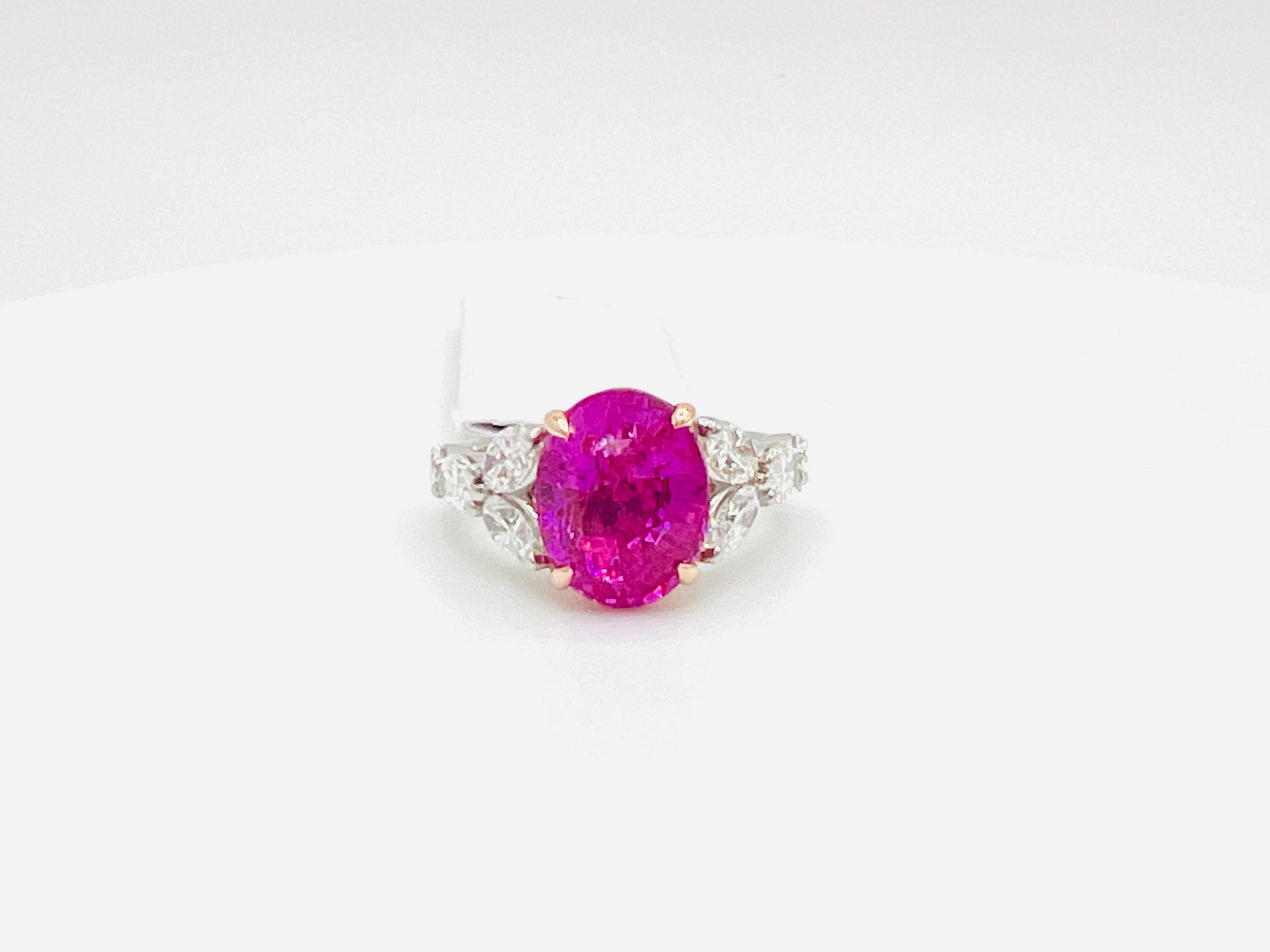 GIA 6 Carat Pink Oval Sapphire & Oval Diamond Ring in 18K White & Rose Gold For Sale 1