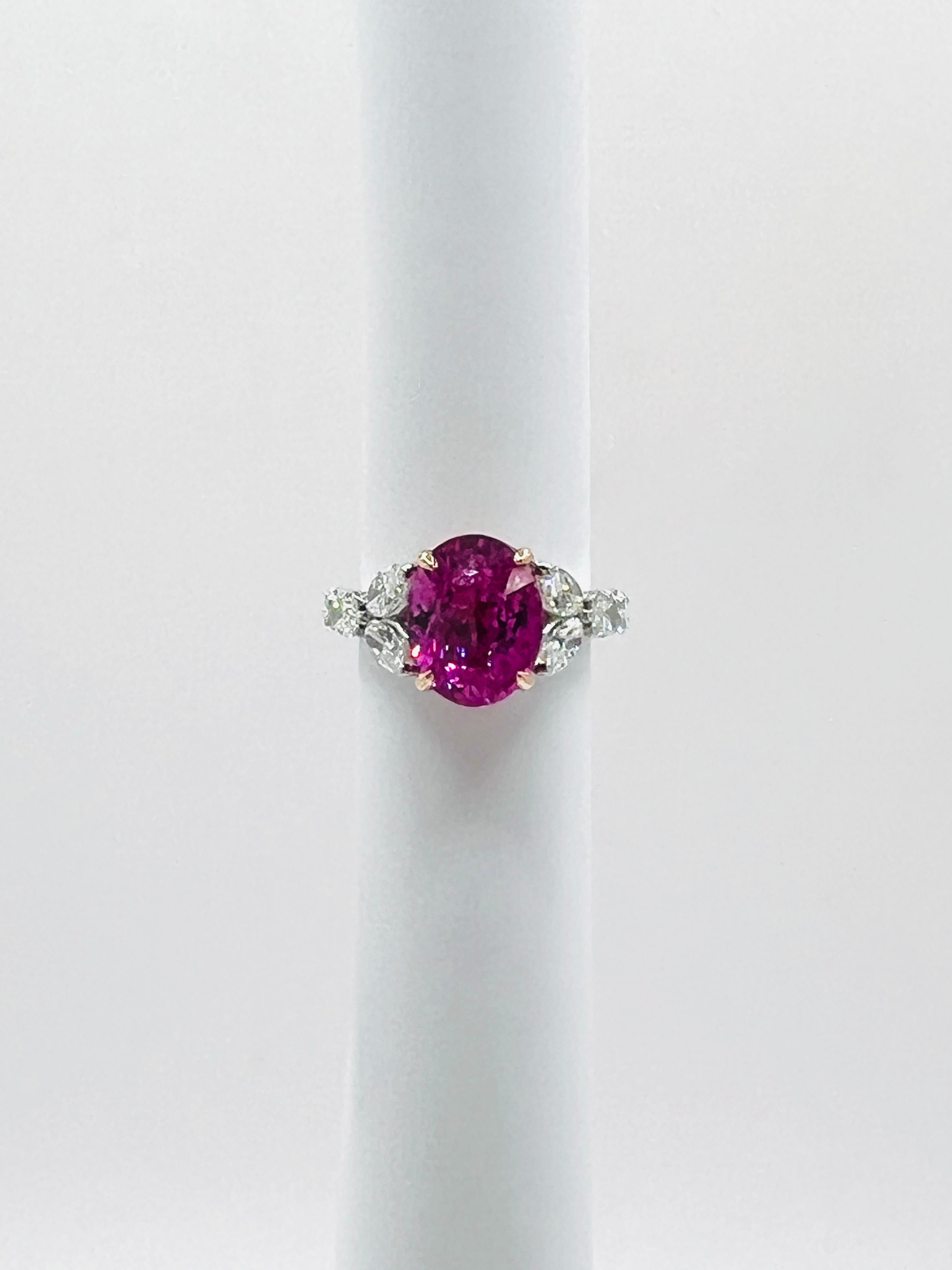 GIA 6 Carat Pink Oval Sapphire & Oval Diamond Ring in 18K White & Rose Gold For Sale 2
