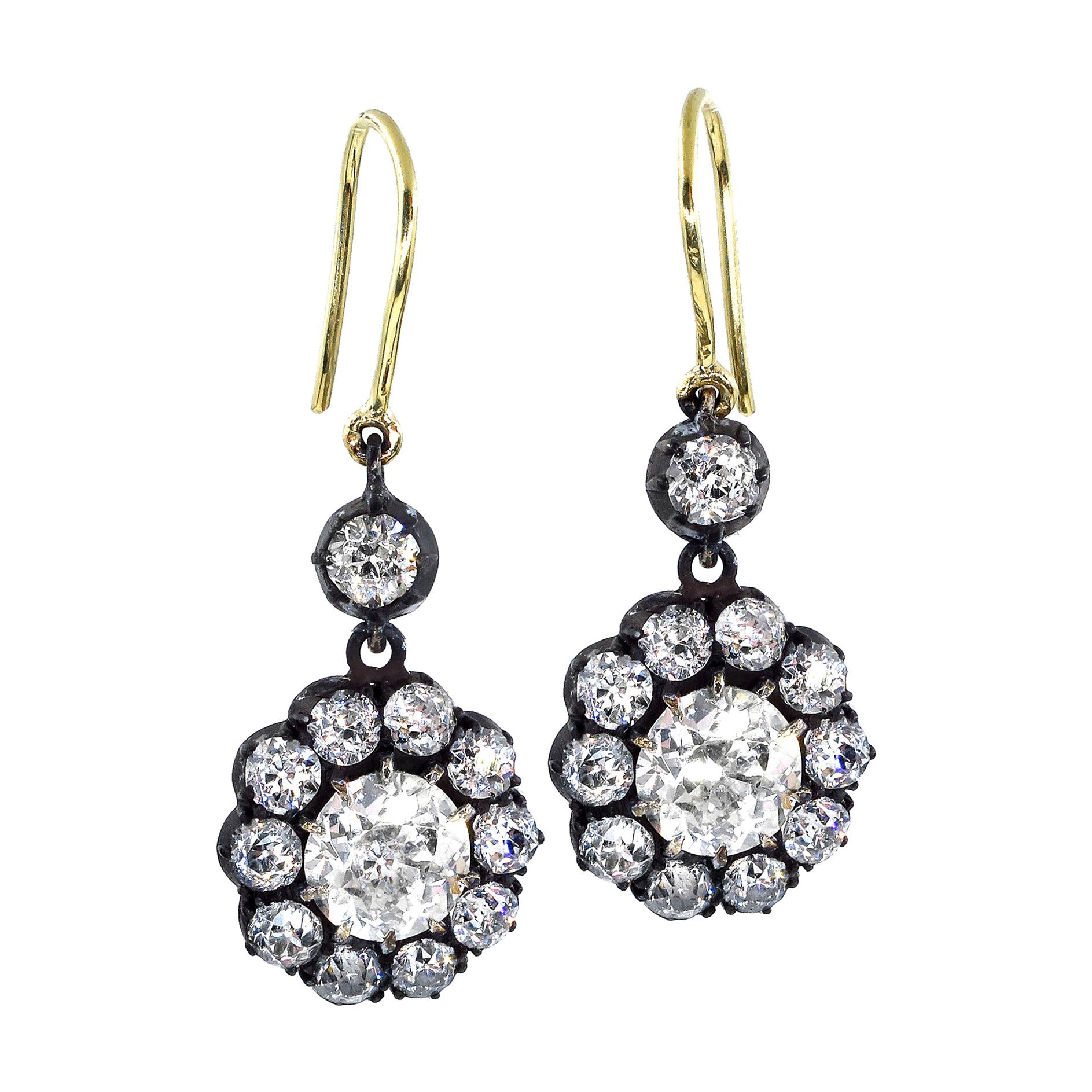GIA 6.00 Carat Diamond Cluster Dangling Earrings in Gold Silver Top